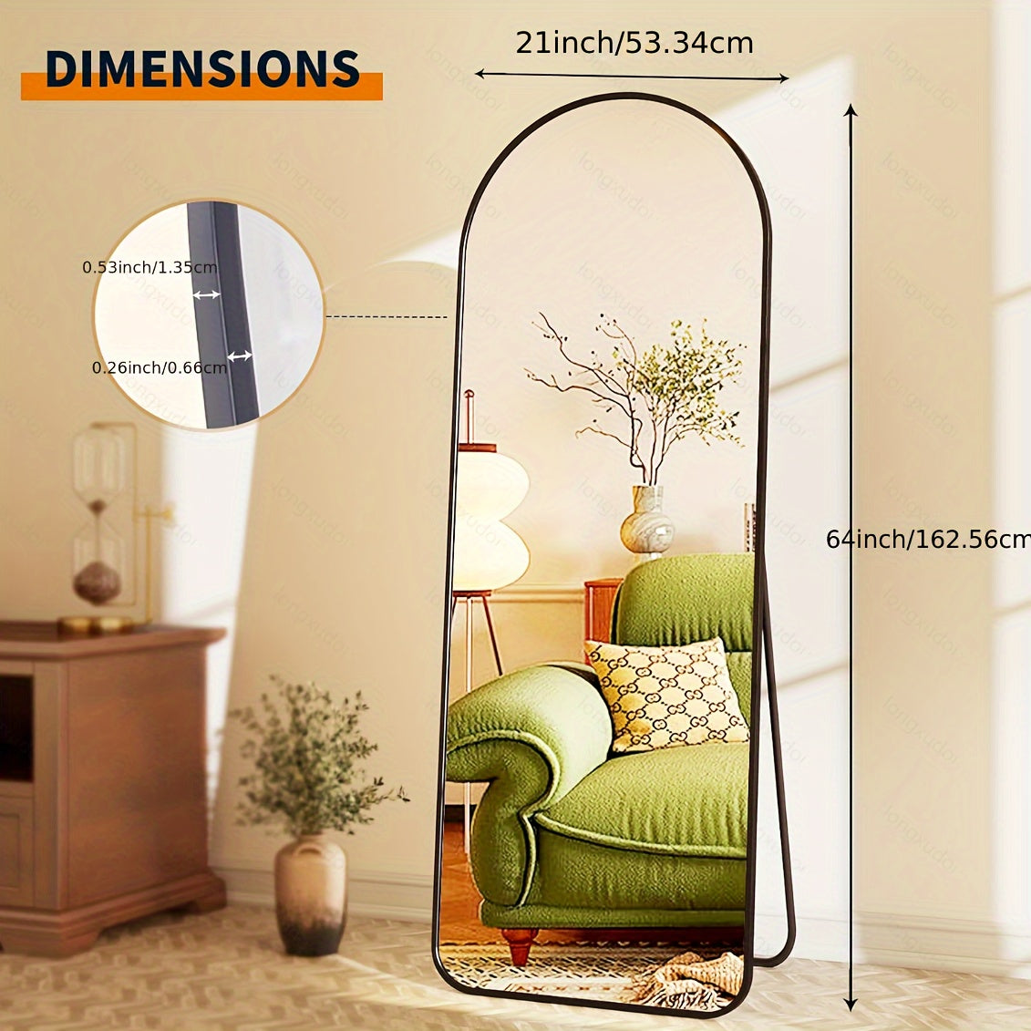 Arched Full Length Mirror 64"x21" | Full Body Floor Mirror with Stand, Aluminum Alloy Thin Frame, Nano Glass, Standing or Leaning Wall Mirror for Bedroom, Living Room, Bathroom