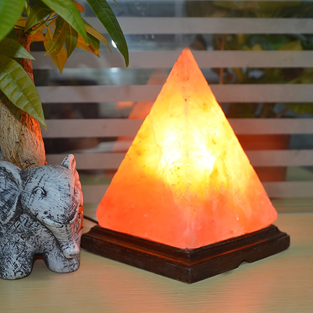 Hand-Carved Himalayan Salt Lamp with LED Color-Changing Pyramid Crystal, Amber Glow - USB Powered, Wooden Base, Touch-Dimmable Switch, Unique Gift for Home, Office, Yoga, Meditation FJORD