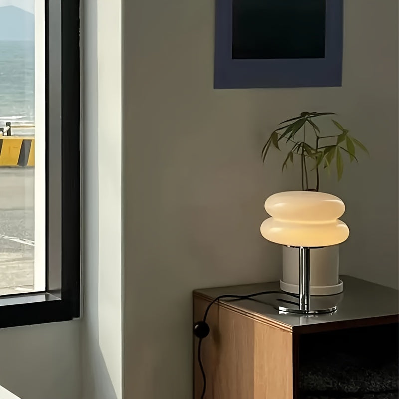 Modern Dimmable Glass Table Lamp, USB Powered, Mid Century Retro Egg Tart Design - Ideal for Bedroom, Living Room, Desk, Nightstand - Aesthetic Home Decor & Ambient Lighting FJORD