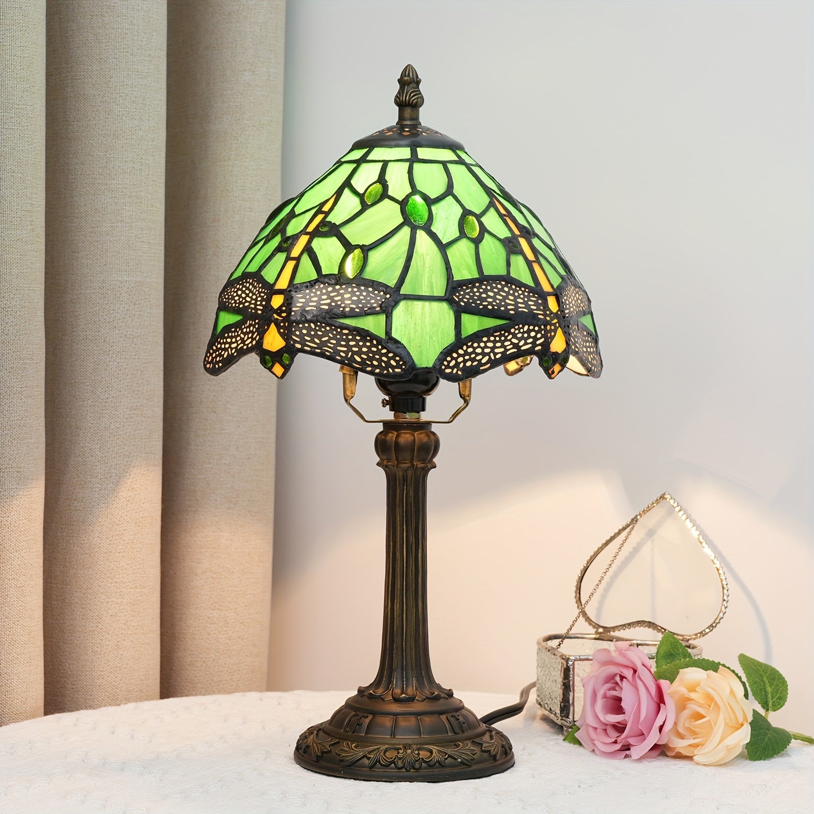 Vintage Art Deco Stained Glass Table Lamp - 8-inch, Antique Metal Base, Push Button Control, Animal Theme - Ideal for Bedroom, Living Room, Office, Creative Gift FJORD