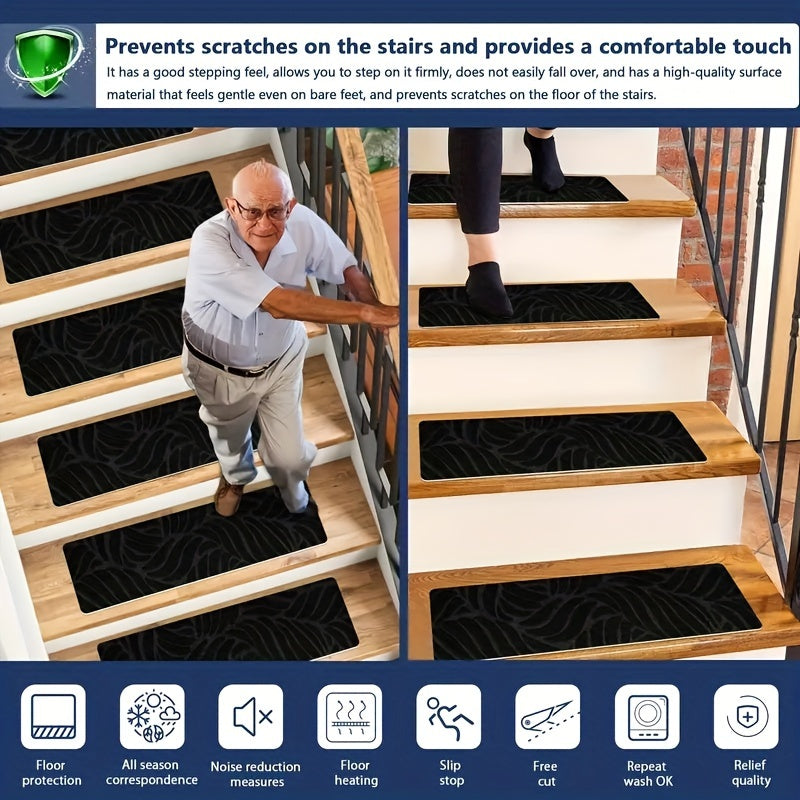 15 Pack Non-Slip Stair Treads 8"x30" Self-Adhesive, Washable Polyester Mats for Safe & Quiet Stairs - Ideal for Wood, Tile, Marble, Kids, and Pets