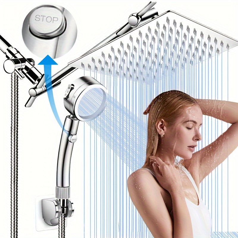 High Pressure Dual Rain Shower Head with Handheld Spray | 12 Inch All Metal, Adjustable Height & Angle, Matte Black, 5-Mode Spray, Extension Arm & Stainless Steel Hose