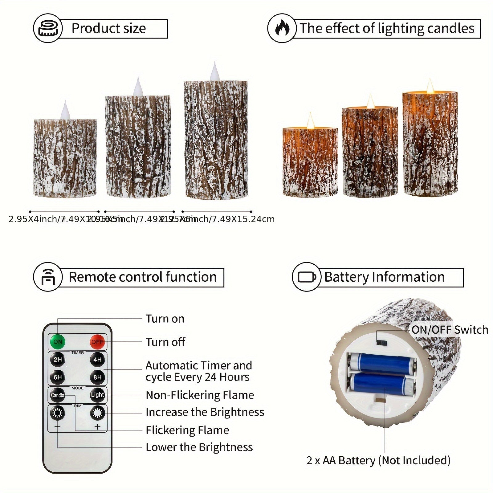 Rustic Pine Bark Flameless Candle Set - Flickering LED Candles with Timer & Remote, Realistic Tree Stump Design for Home & Outdoor Decor, Battery Operated, Set of 3 FJORD