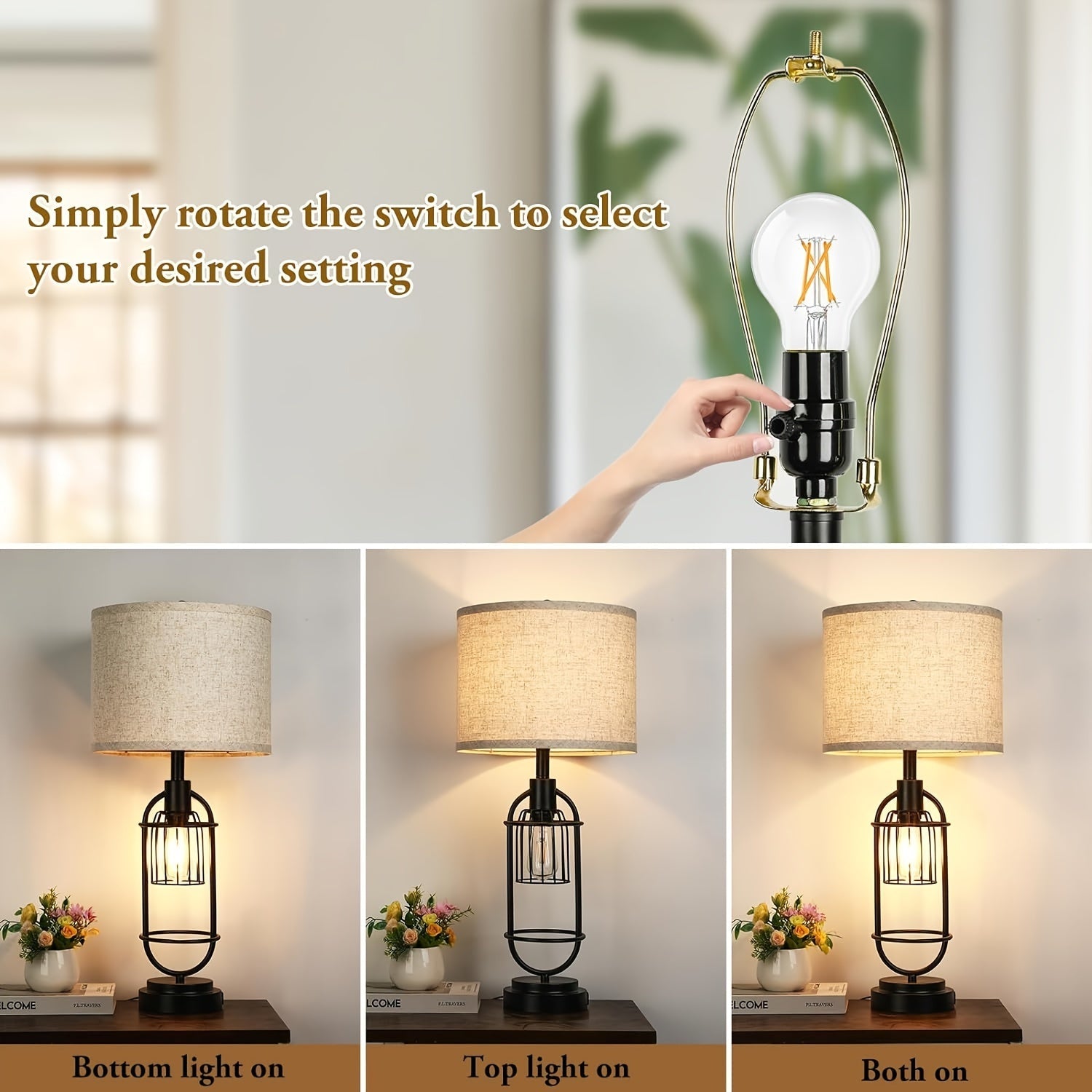 Set of 2 Farmhouse Table Lamps with USB Ports, 29" Tall Nightstand Desk Lamps, Cream Fabric Shade, Industrial E26 Base, Rotary Switch for Bedroom Living Room FJORD