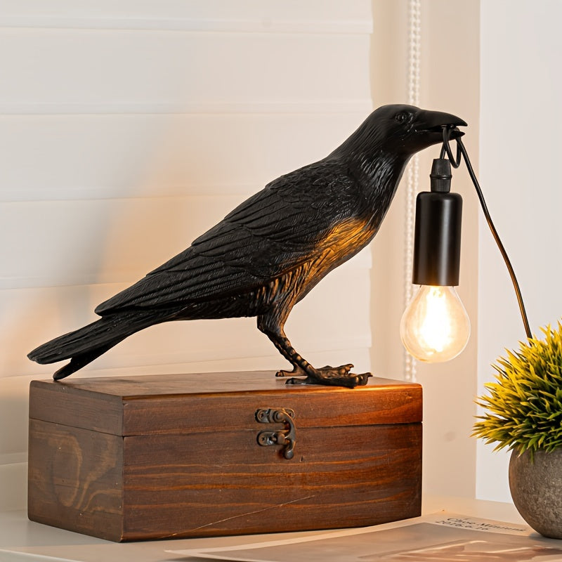 Gothic Crow Table Lamp with USB - Cute Black Resin Desk Decor, Metal Claw Base, Perfect for Halloween & Thanksgiving Home Decor FJORD