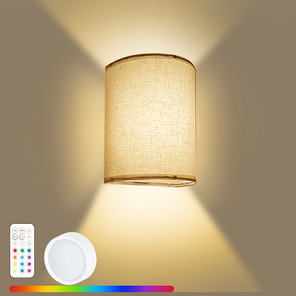 Battery Operated RGB Wall Sconce with Remote Control - 16 Color Changeable, Dimmable LED Light, Fabric Shade for Bedroom, Living Room & Hallway, No Wiring Required