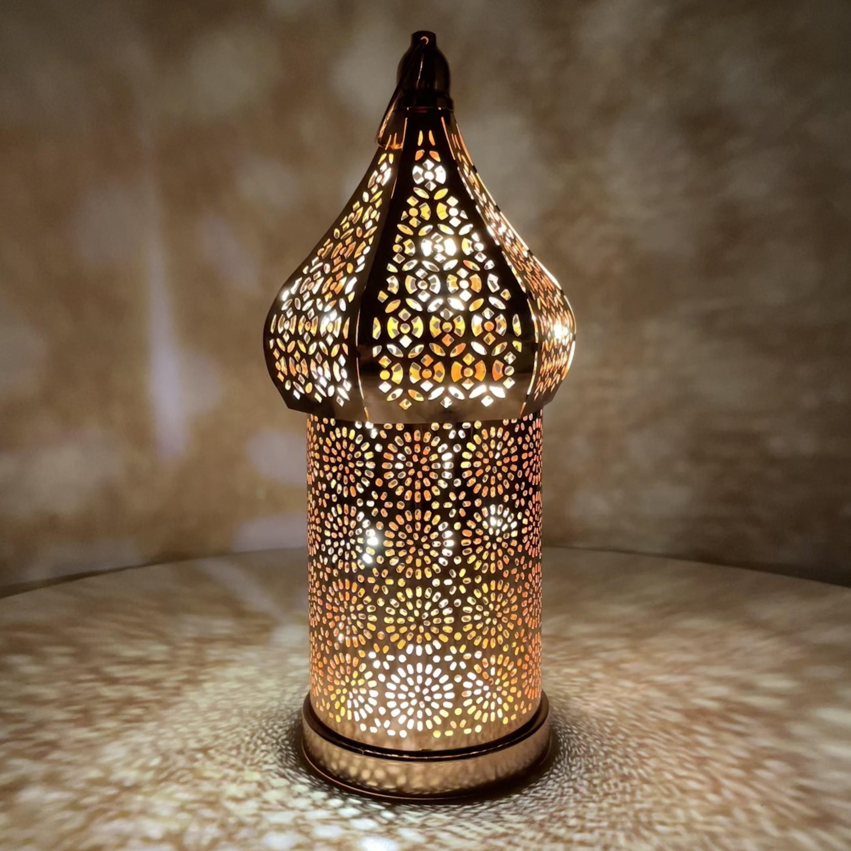 Moroccan Rose LED Lantern - Decorative Metal Uplight Lamp, Battery Operated, Warm Amber Glow for Home, Bedroom, Living Room, Ideal for Parties & Holidays FJORD