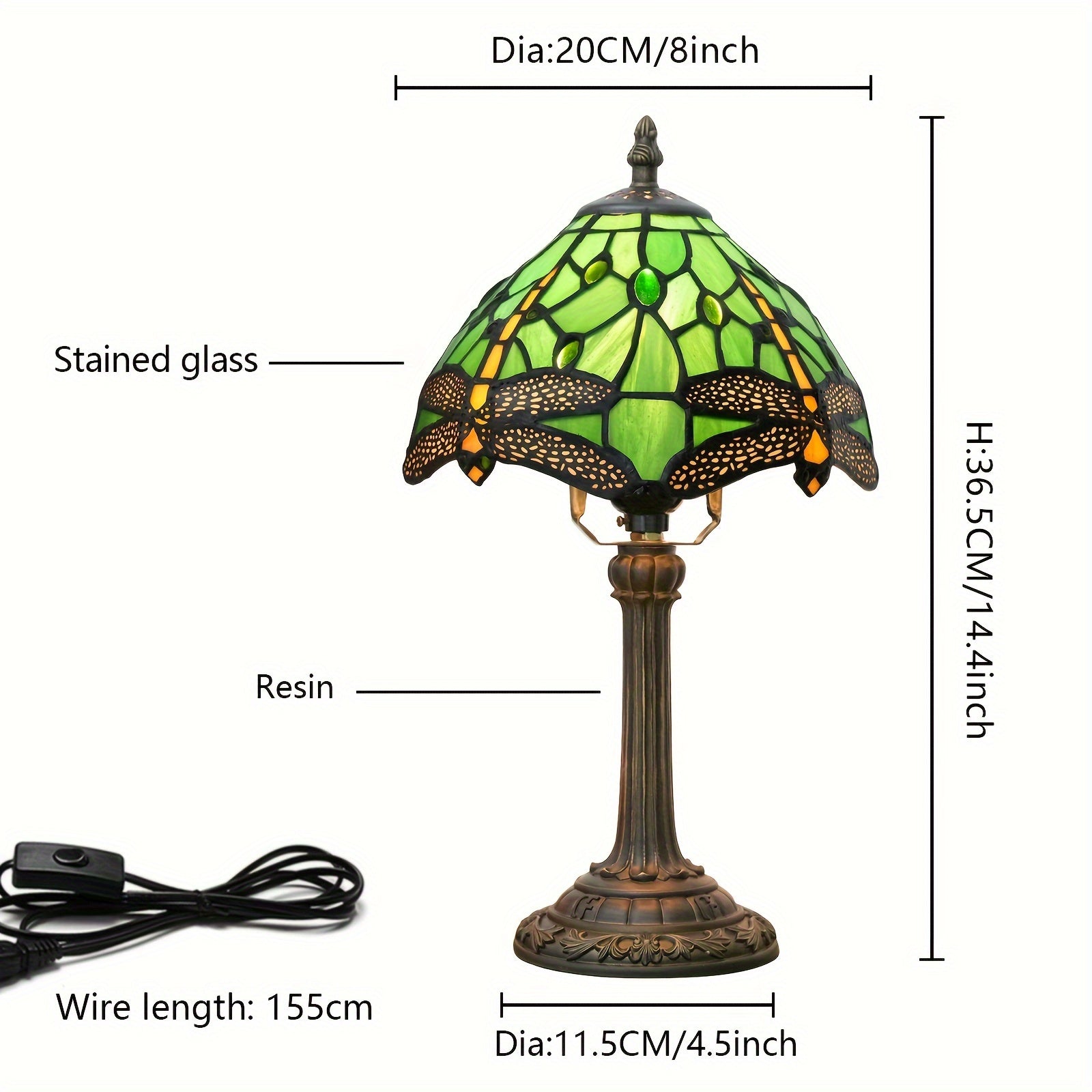 Vintage Art Deco Stained Glass Table Lamp - 8-inch, Antique Metal Base, Push Button Control, Animal Theme - Ideal for Bedroom, Living Room, Office, Creative Gift FJORD