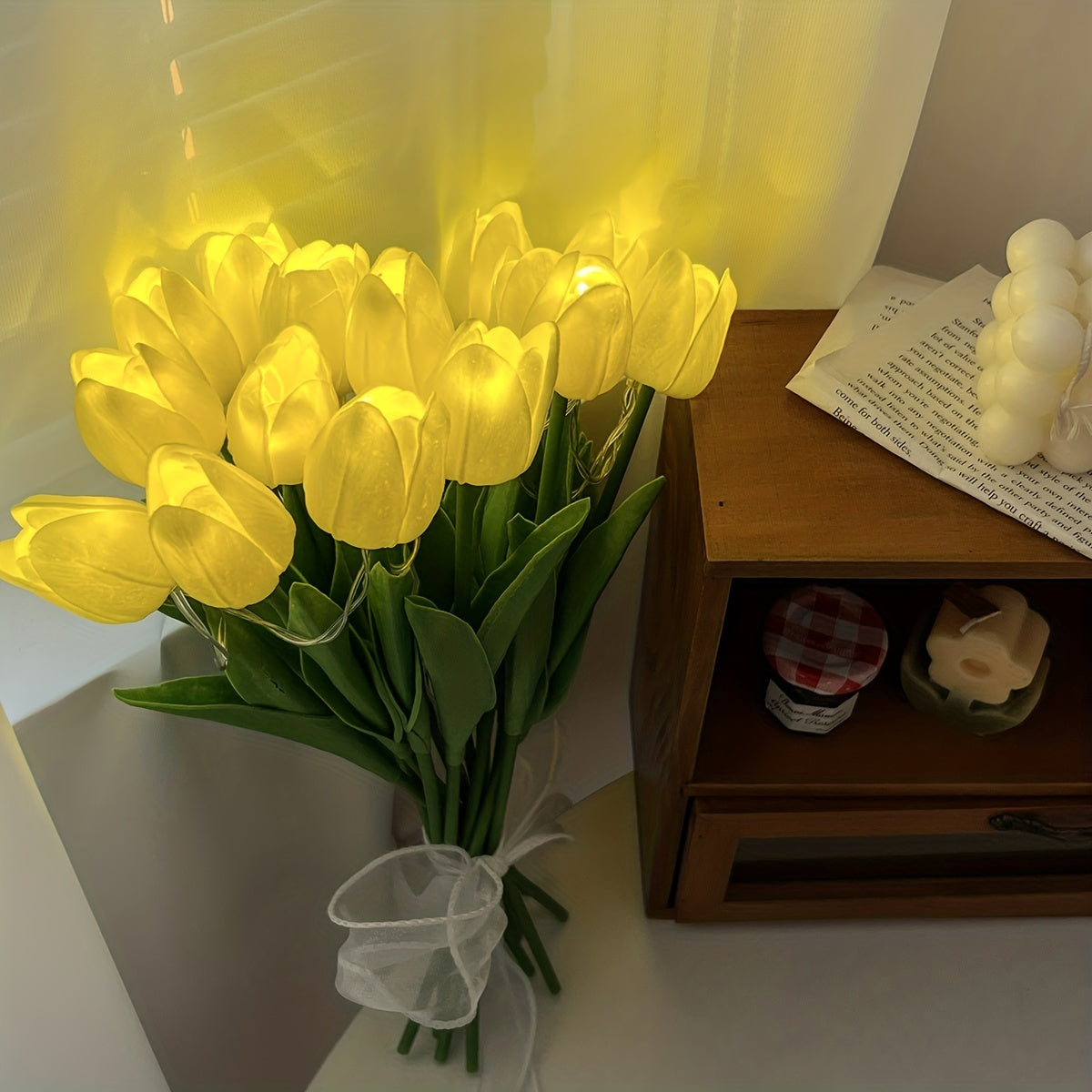 LED Tulip Lamp with Real Touch Silk Flowers – Artificial Bouquet Night Light for Home, Office & Wedding Decoration – Battery-Powered Table Lamp FJORD