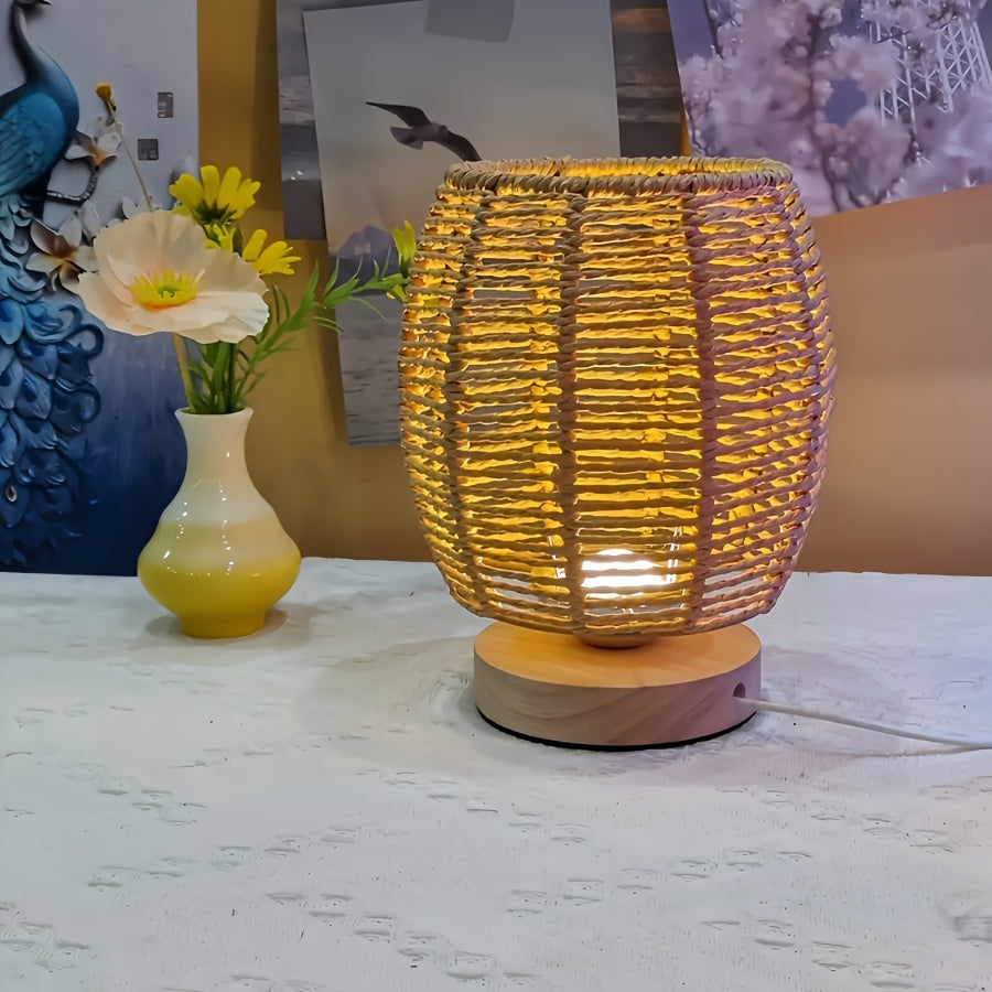 Modern Hand-Woven Table Lamp - Wood Base, Linen Shade, USB Powered LED Desk Lamp for Bedroom, Study, Living Room FJORD