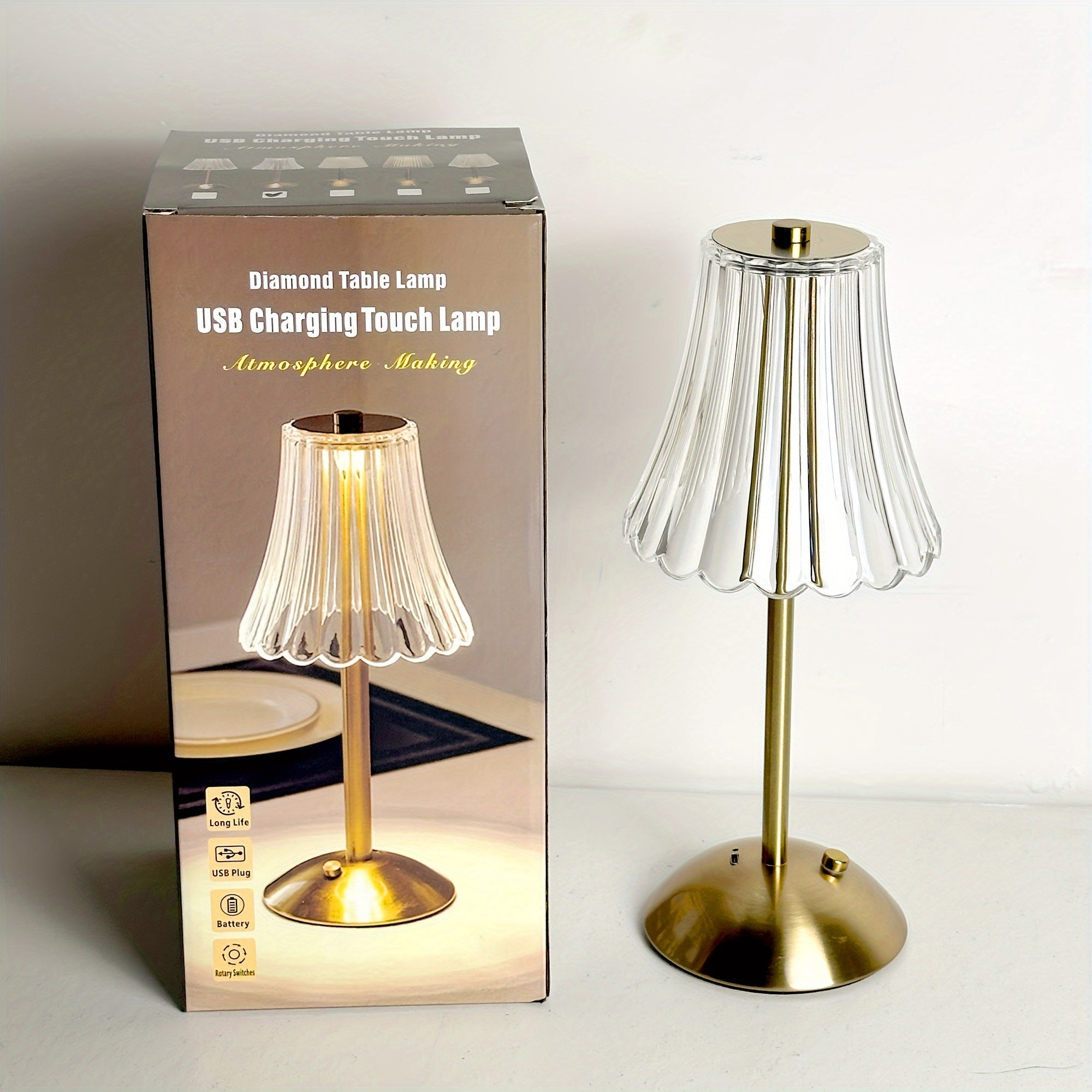 Modern LED Crystal Table Lamp - Touch Control, Tri-Tone Lighting, Rechargeable Battery FJORD