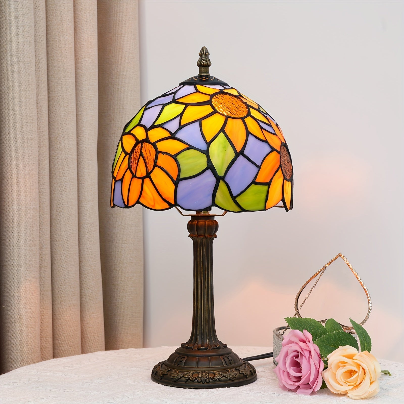 Vintage Art Deco Stained Glass Table Lamp - 8-inch, Antique Metal Base, Push Button Control, Animal Theme - Ideal for Bedroom, Living Room, Office, Creative Gift FJORD