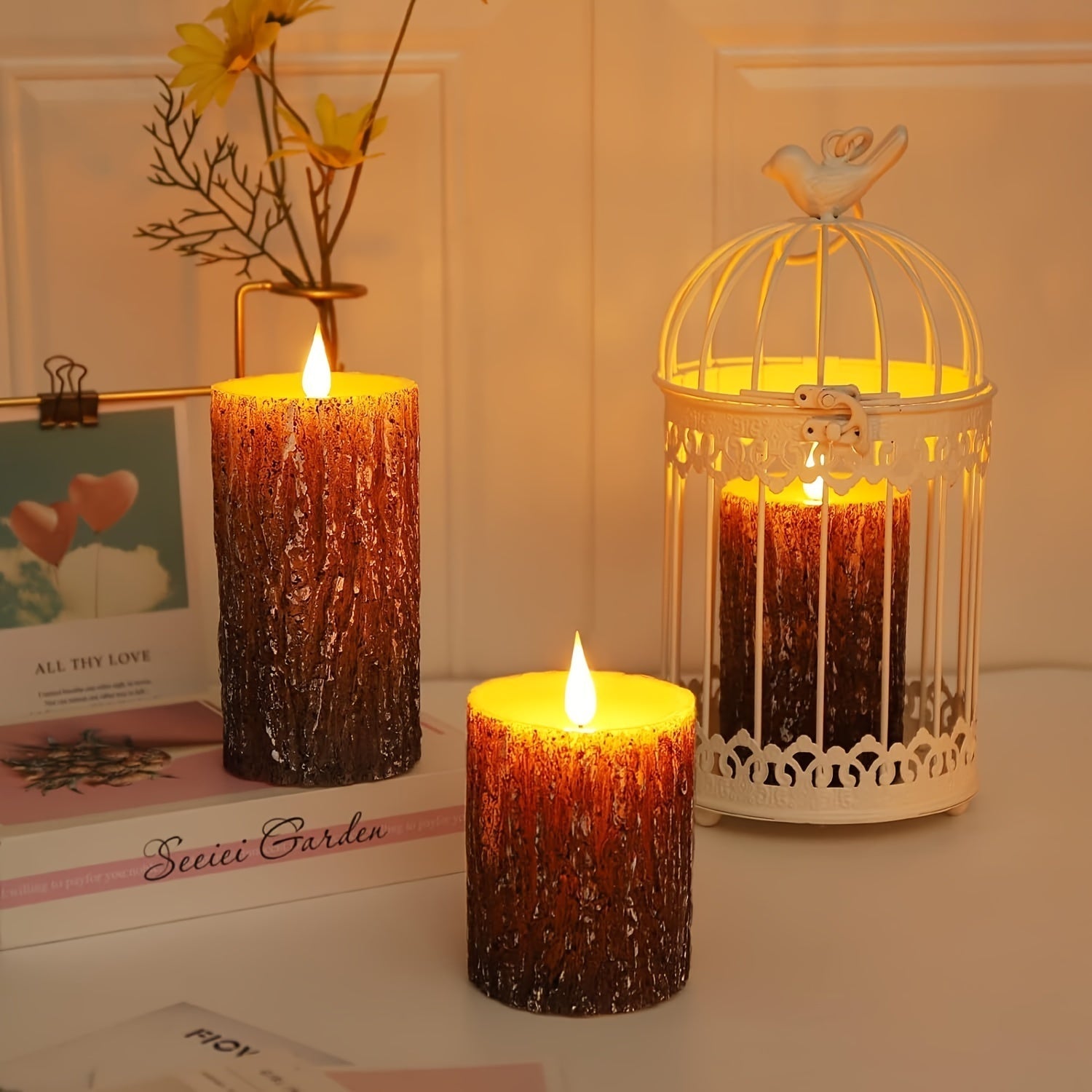 Rustic Pine Bark Flameless Candle Set - Flickering LED Candles with Timer & Remote, Realistic Tree Stump Design for Home & Outdoor Decor, Battery Operated, Set of 3 FJORD