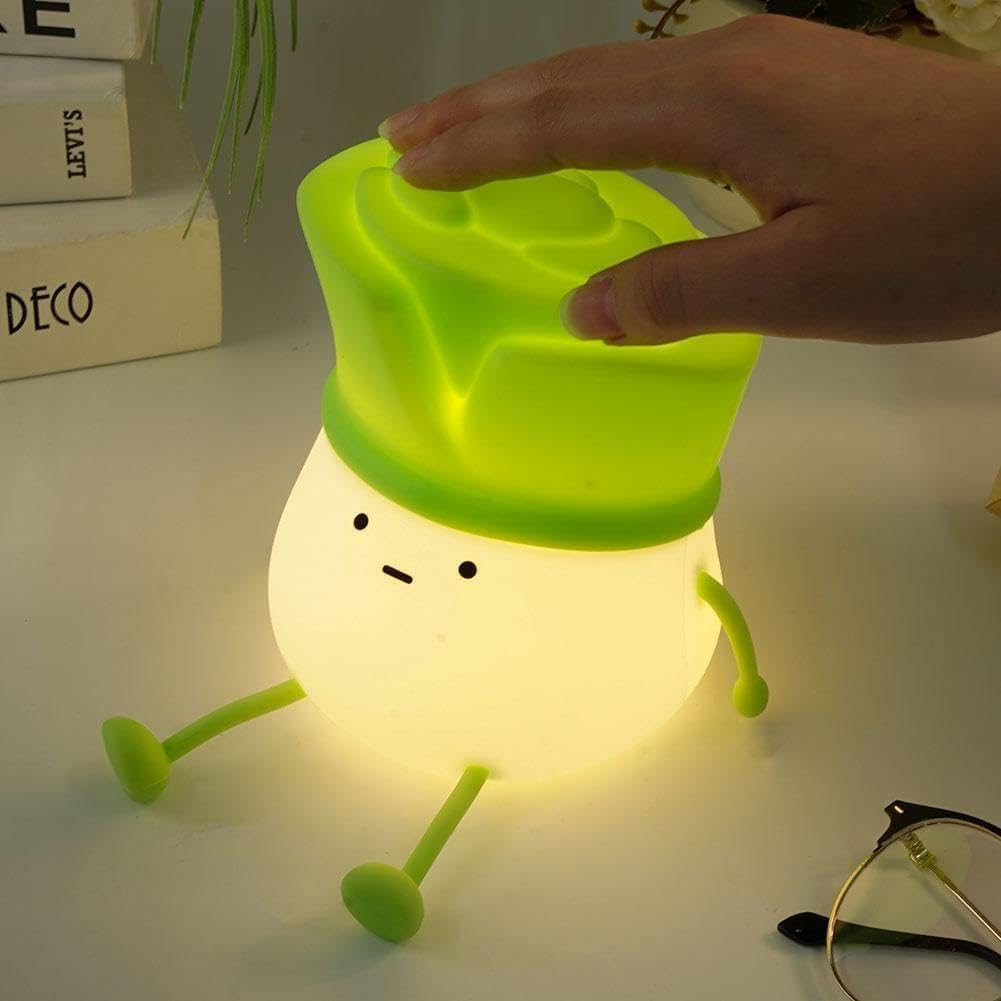 Rechargeable Cute Leek LED Night Light - Silicone Touch Dimmable Lamp for Kids Bedroom, Bedside & Table, 3 Brightness Levels, Timed Auto Off FJORD