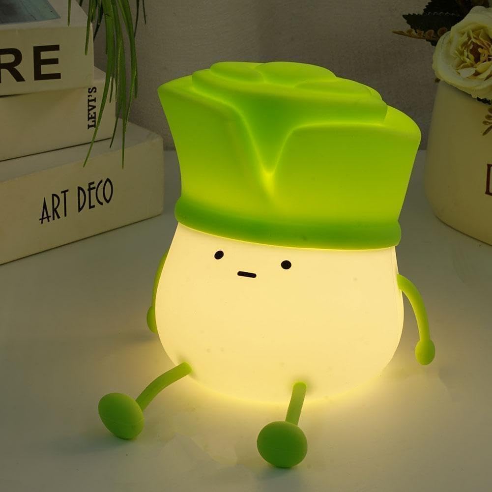 Rechargeable Cute Leek LED Night Light - Silicone Touch Dimmable Lamp for Kids Bedroom, Bedside & Table, 3 Brightness Levels, Timed Auto Off FJORD