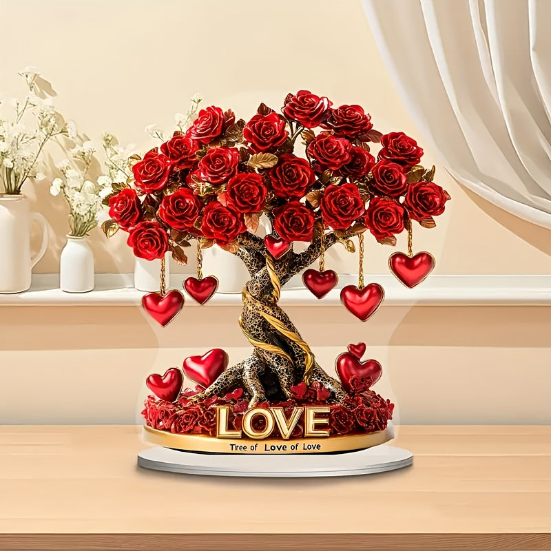 2D Crystal Heart Rose Tree Decor | Bohemian Acrylic "Tree of Love" | Golden Base | Perfect for Living Room & Bedroom | Romantic Gift for Holidays & Special Occasions