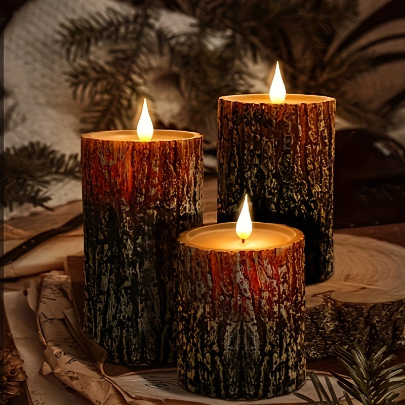 Rustic Pine Bark Flameless Candle Set - Flickering LED Candles with Timer & Remote, Realistic Tree Stump Design for Home & Outdoor Decor, Battery Operated, Set of 3 FJORD