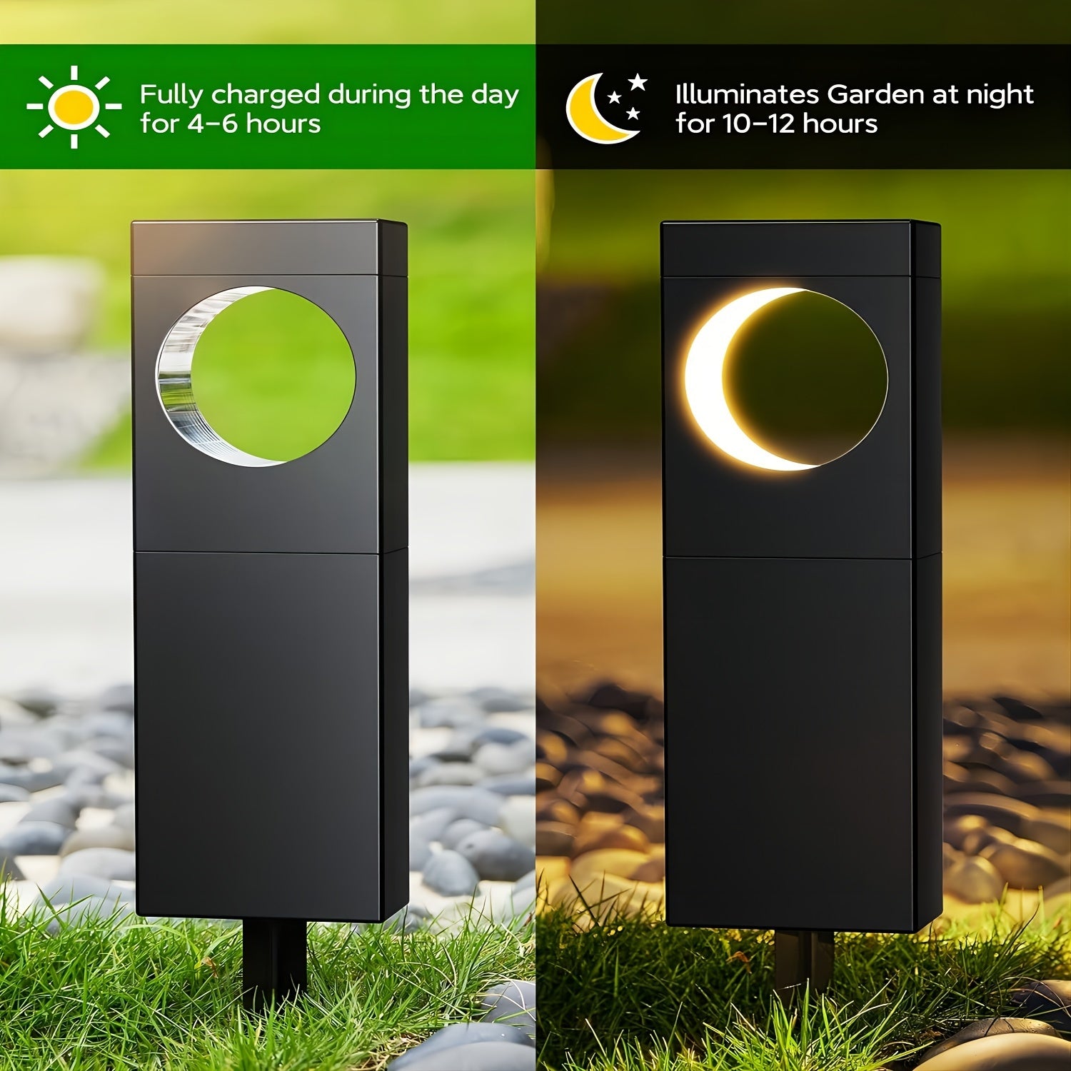 6-Pack Solar Pathway Lights Outdoor, Waterproof IP65, Moon Shape Design, Auto On/Off, Warm White LED for Garden Yard Walkway