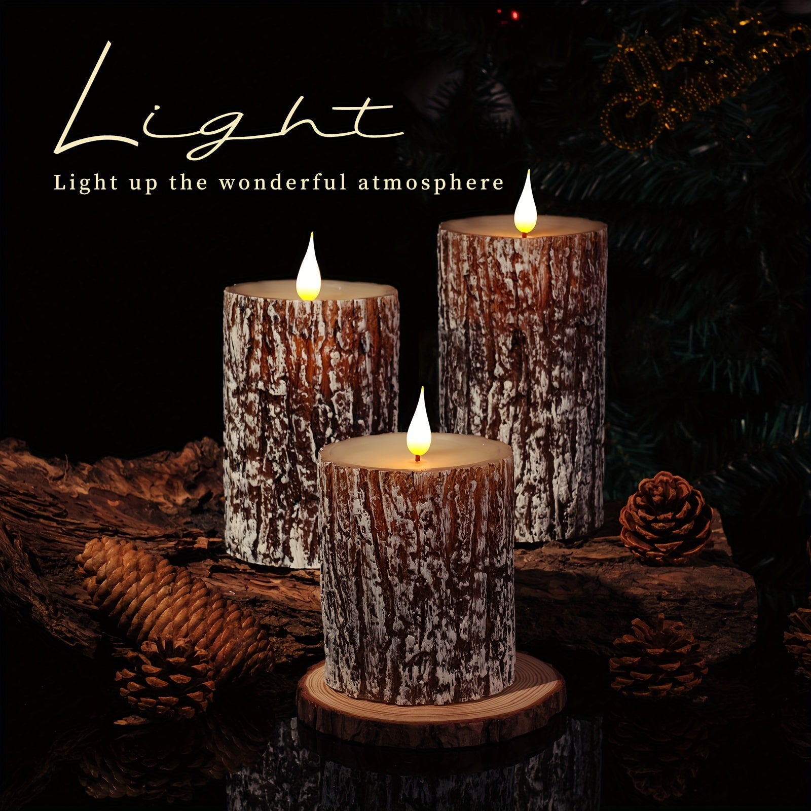 Rustic Pine Bark Flameless Candle Set - Flickering LED Candles with Timer & Remote, Realistic Tree Stump Design for Home & Outdoor Decor, Battery Operated, Set of 3 FJORD