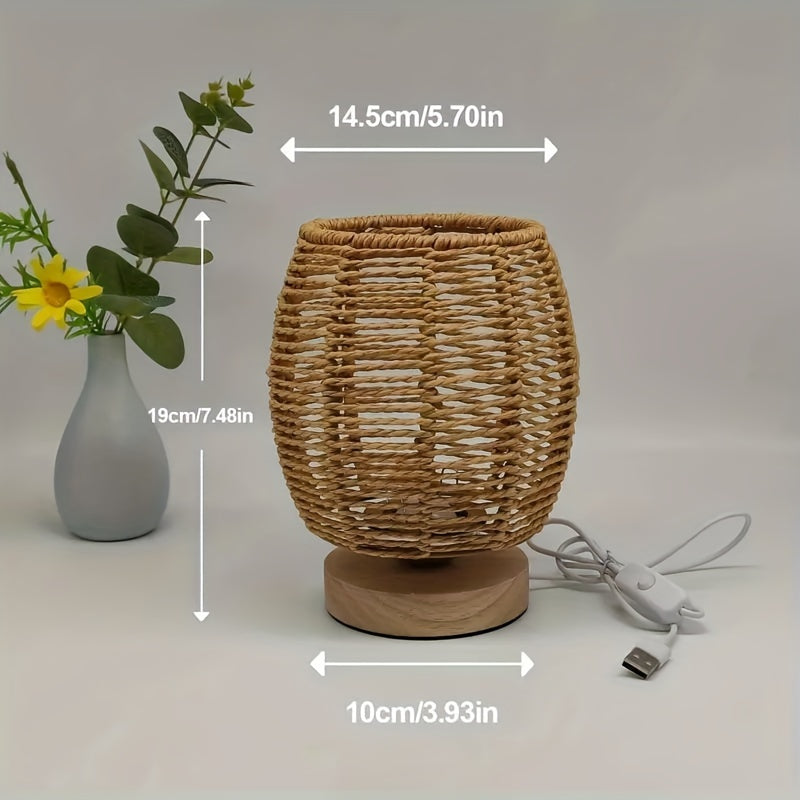 Modern Hand-Woven Table Lamp - Wood Base, Linen Shade, USB Powered LED Desk Lamp for Bedroom, Study, Living Room FJORD