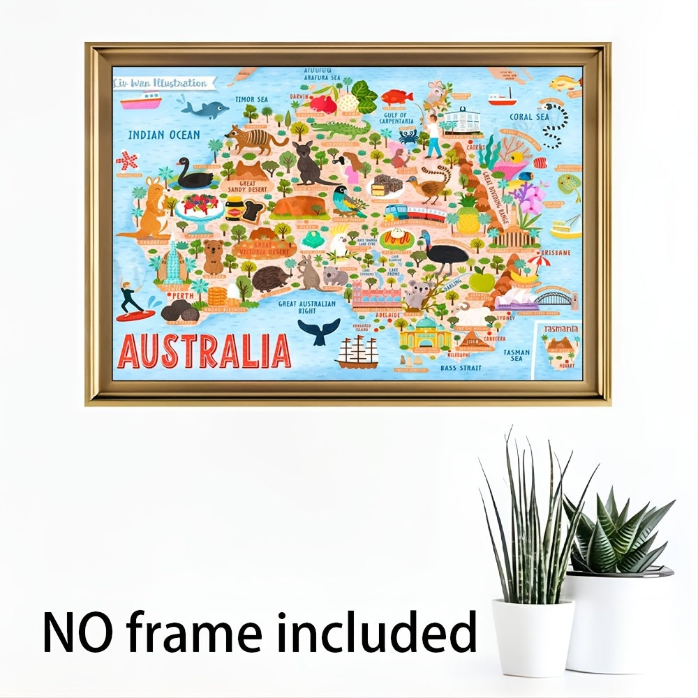 Australia Icon Map Canvas Print | Folk Art Style Wall Decor | Frameless Cloth Poster for Home, Office, Living Room, Bedroom | Unique Gift