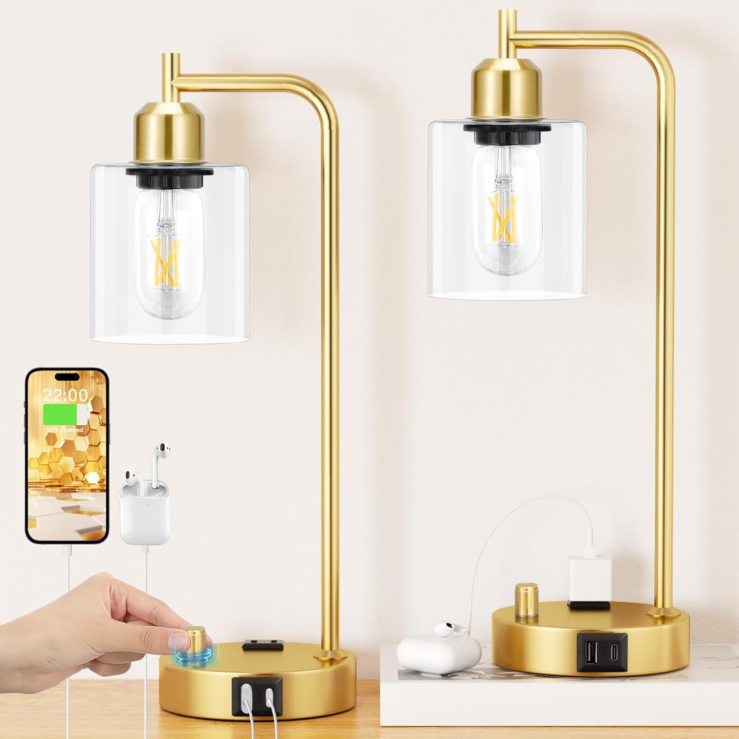 Set of 2 Industrial Table Lamps - Fully Dimmable with USB A & C Ports, AC Outlet, Glass Shade, LED Bulbs Included - Modern Nightstand Desk Lamps for Bedroom, Living Room & Office FJORD