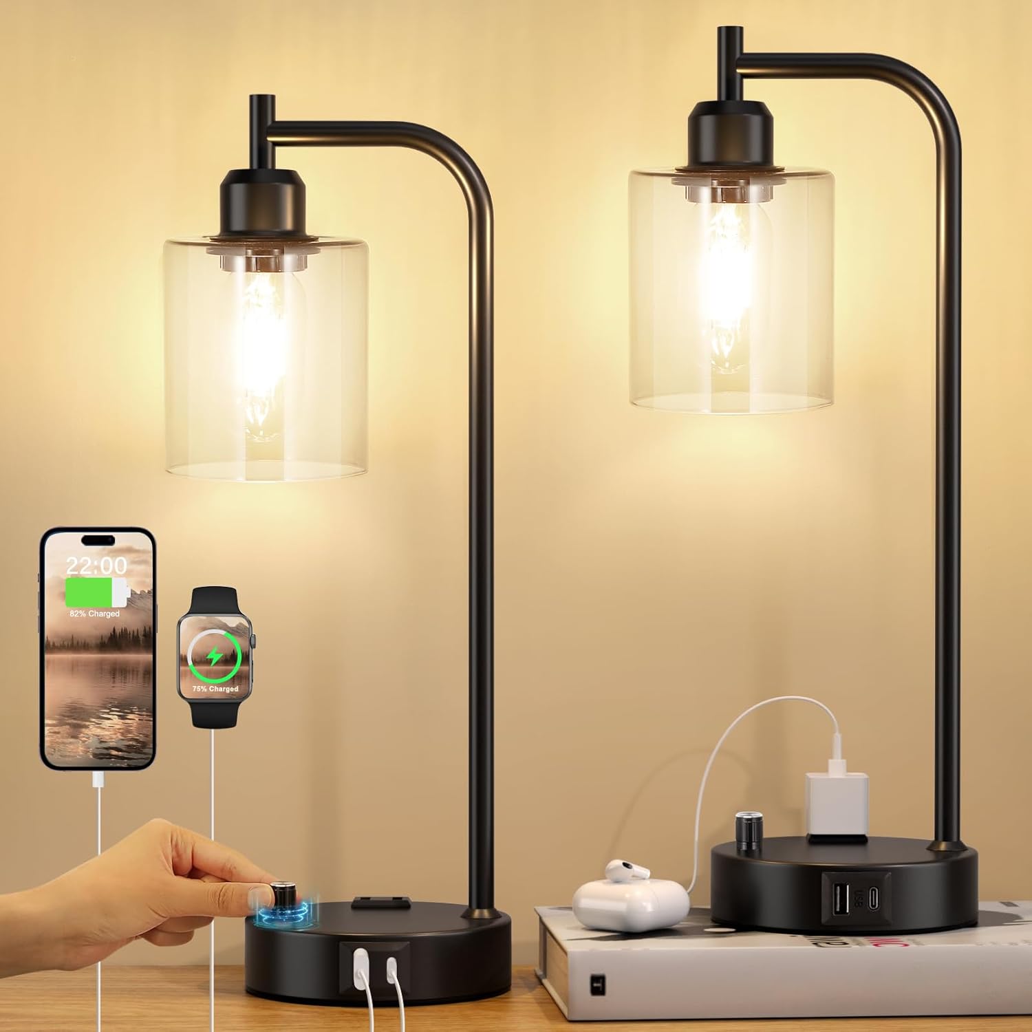Set of 2 Industrial Table Lamps - Fully Dimmable with USB A & C Ports, AC Outlet, Glass Shade, LED Bulbs Included - Modern Nightstand Desk Lamps for Bedroom, Living Room & Office FJORD