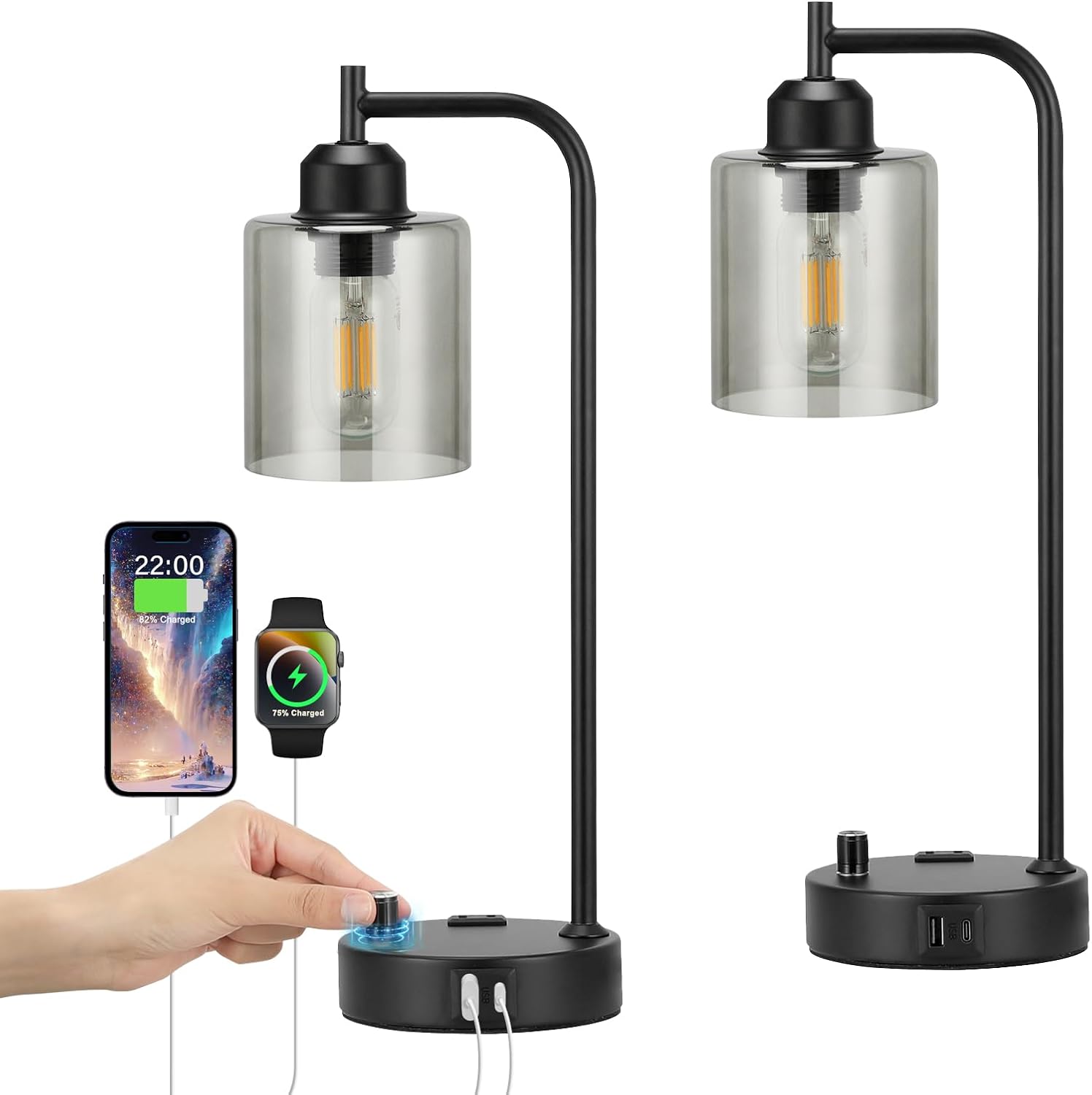 Set of 2 Industrial Table Lamps - Fully Dimmable with USB A & C Ports, AC Outlet, Glass Shade, LED Bulbs Included - Modern Nightstand Desk Lamps for Bedroom, Living Room & Office FJORD