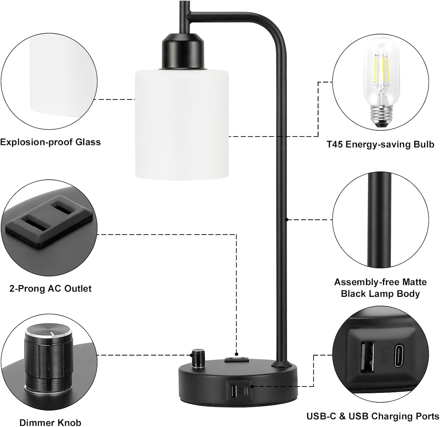 Set of 2 Industrial Table Lamps - Fully Dimmable with USB A & C Ports, AC Outlet, Glass Shade, LED Bulbs Included - Modern Nightstand Desk Lamps for Bedroom, Living Room & Office FJORD