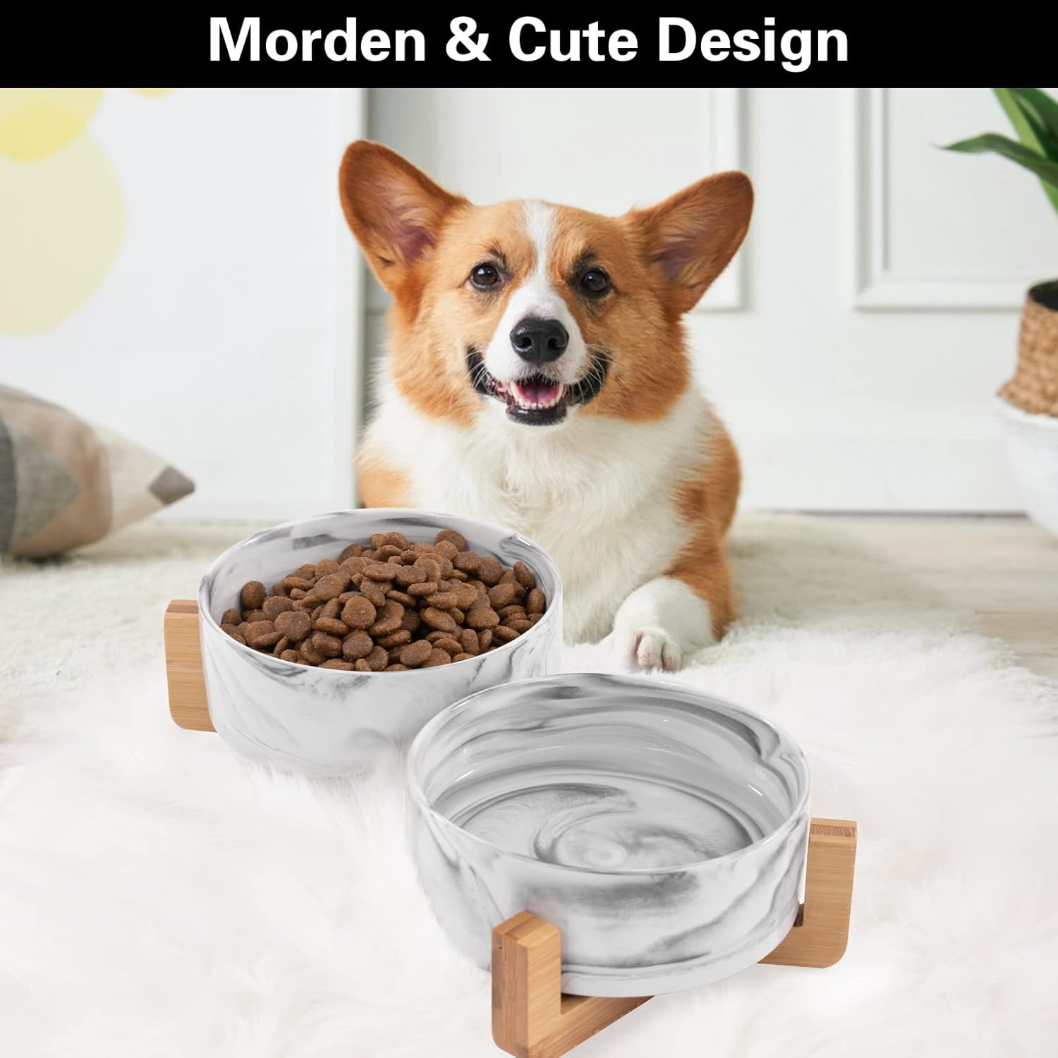 Ceramic Dog Bowls with Wooden Stand | 3 1/2 Cups | Set of 2 FJORD