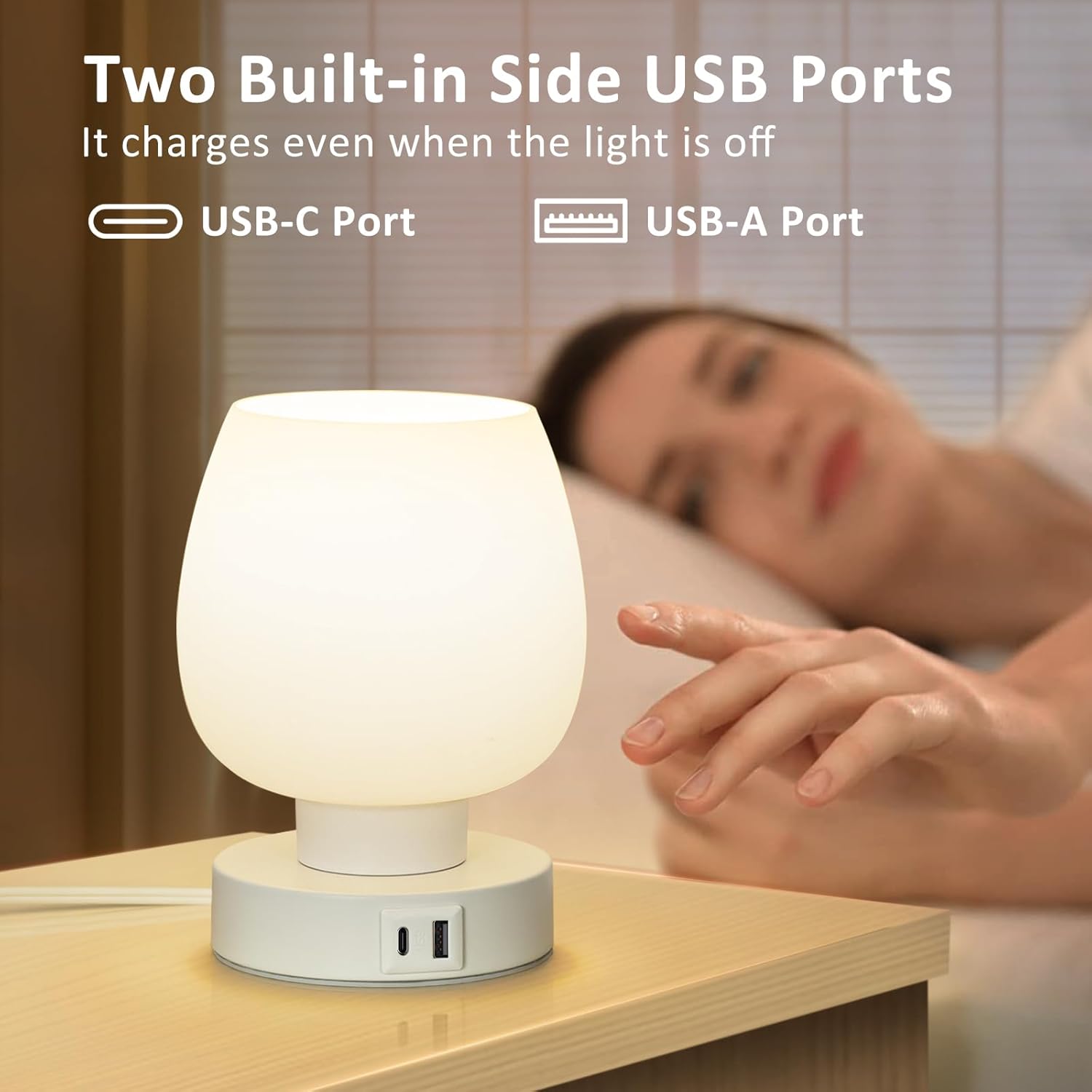 Touch Bedside Table Lamps Set of 2 - Modern Nightstand Lamps with USB C & A Ports, 3-Way Dimmable, White Opal Glass Shades, 3000K LED Bulbs - Elegant Bedroom Lighting FJORD