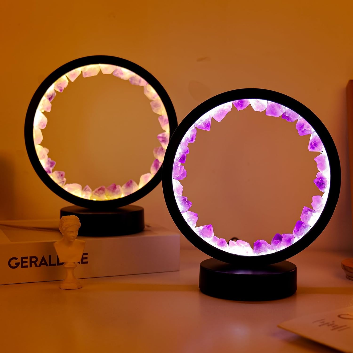 Amethyst Crystal Table Lamp - Natural Healing Night Light with USB Port & 3 Color Modes - Perfect for Bedroom, Office & Home Decor - Relaxation Gift