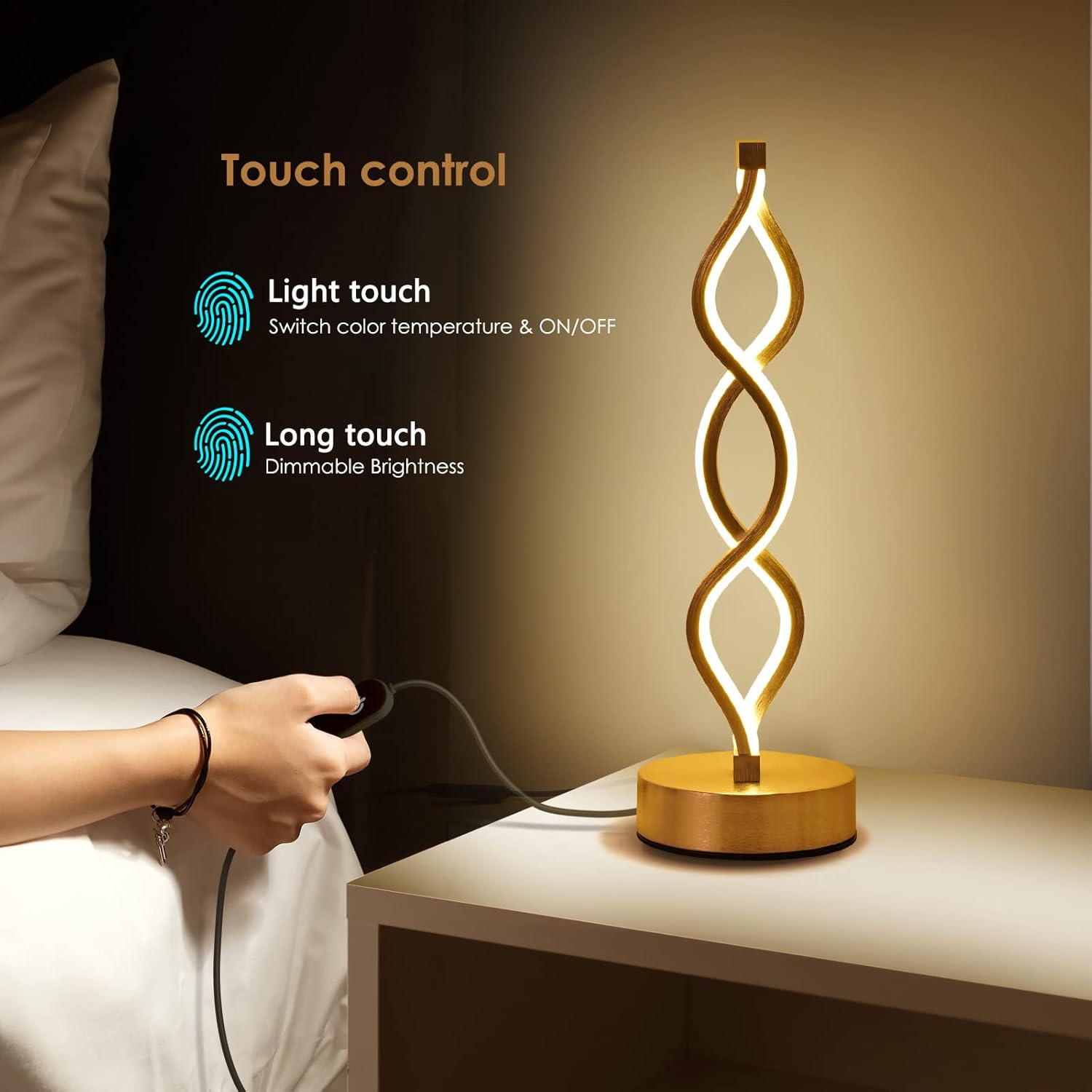 Modern Spiral LED Table Lamp | Touch Control, Dimmable | 3-Color Modes | Bedroom, Office, Living Room Decor FJORD