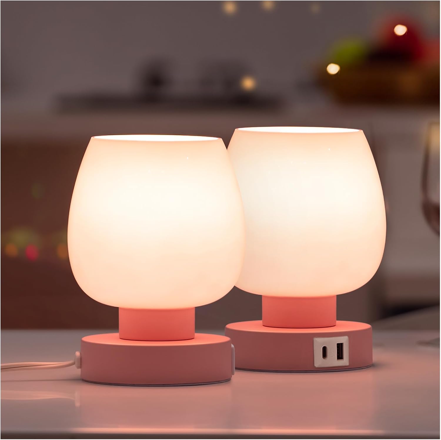 Touch Bedside Table Lamps Set of 2 - Modern Nightstand Lamps with USB C & A Ports, 3-Way Dimmable, White Opal Glass Shades, 3000K LED Bulbs - Elegant Bedroom Lighting FJORD