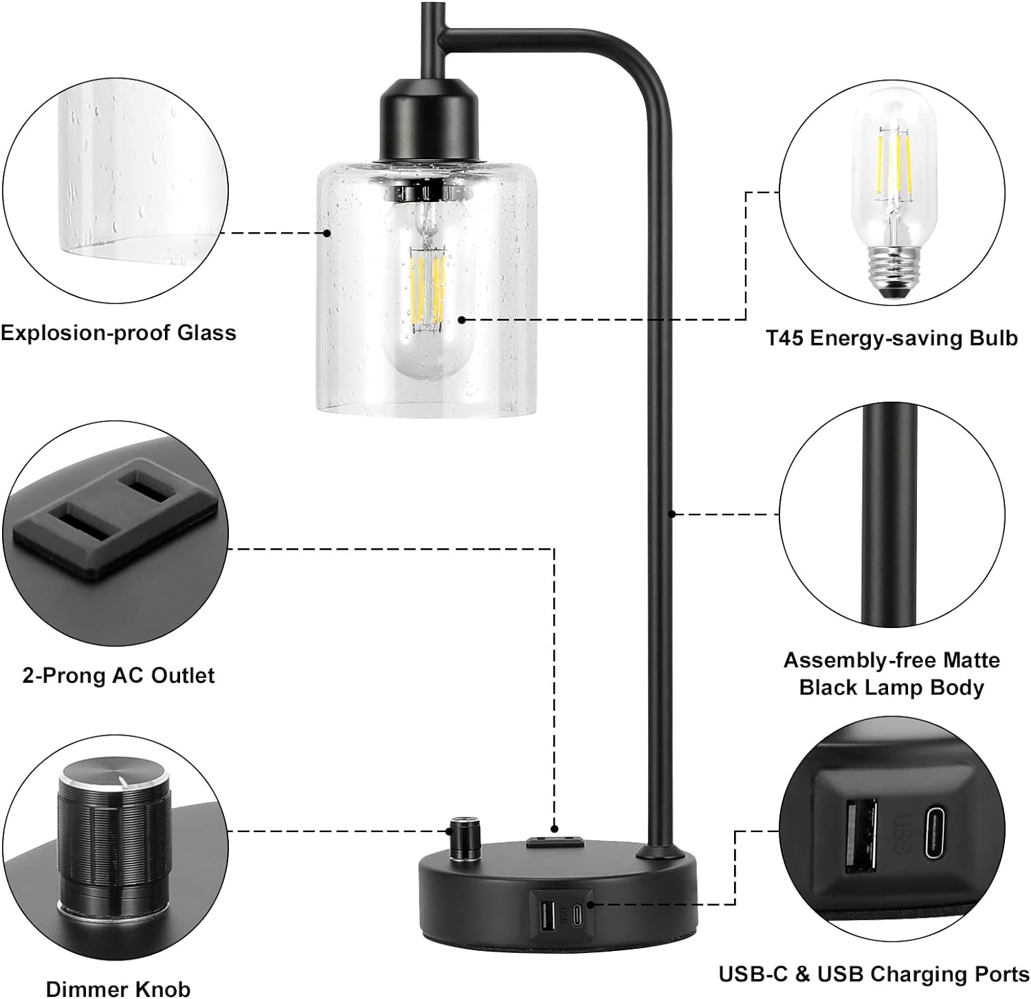 Set of 2 Industrial Table Lamps - Fully Dimmable with USB A & C Ports, AC Outlet, Glass Shade, LED Bulbs Included - Modern Nightstand Desk Lamps for Bedroom, Living Room & Office FJORD