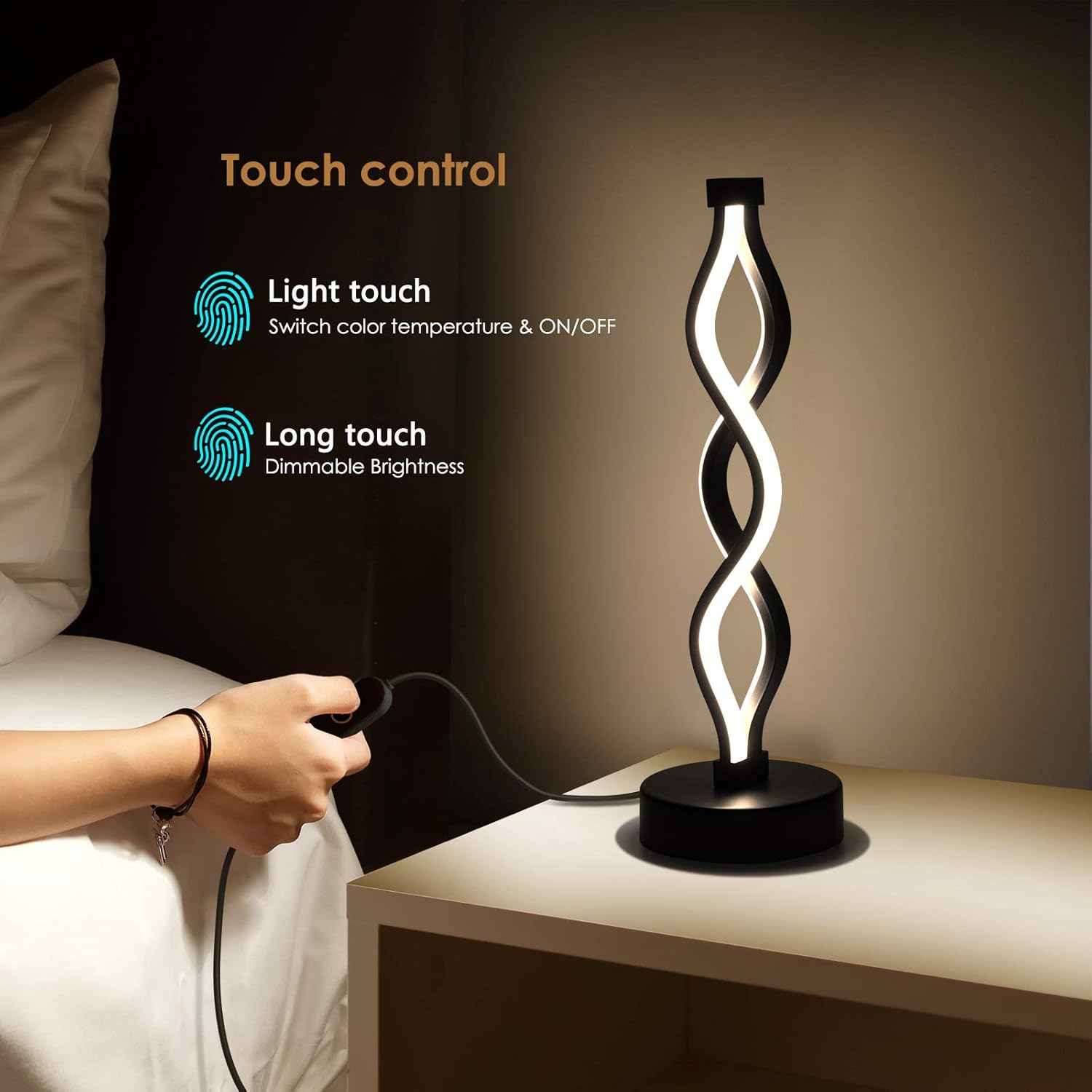 Modern Spiral LED Table Lamp | Touch Control, Dimmable | 3-Color Modes | Bedroom, Office, Living Room Decor FJORD