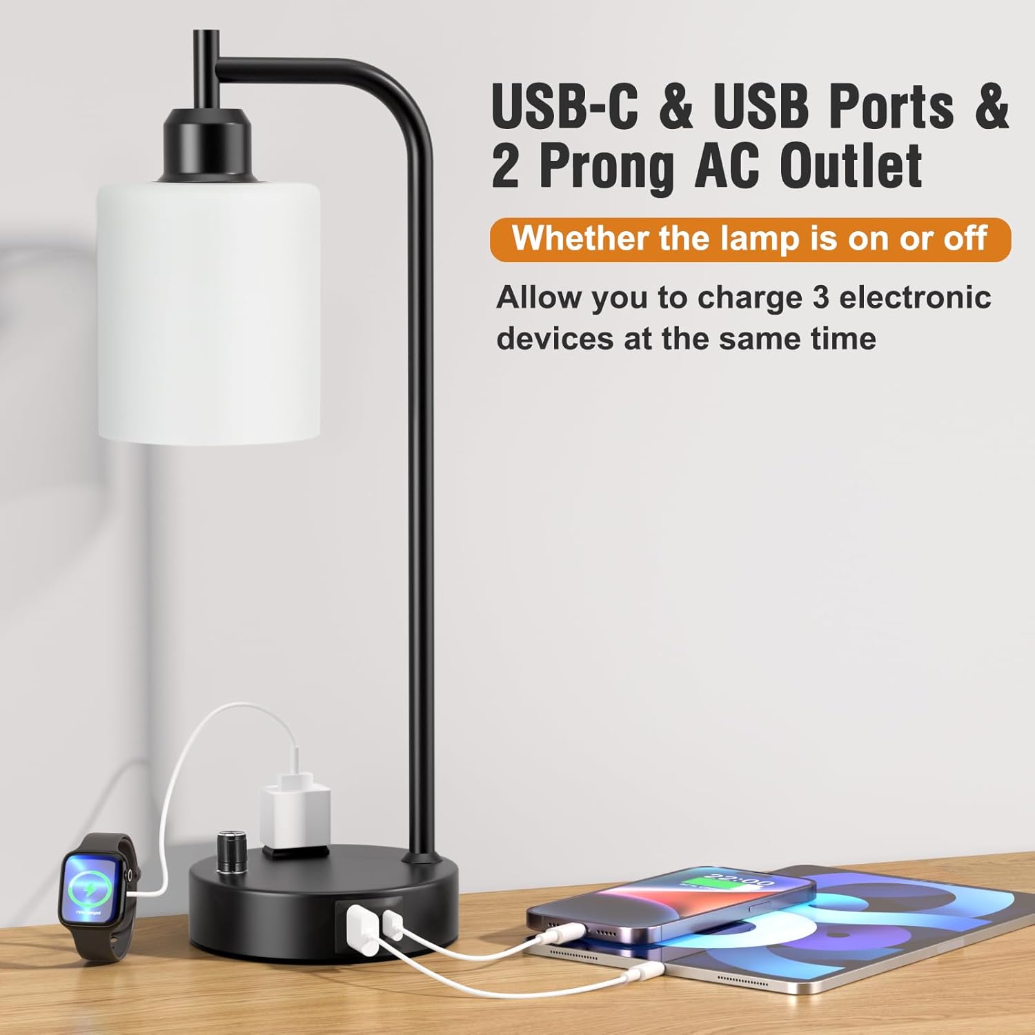 Set of 2 Industrial Table Lamps - Fully Dimmable with USB A & C Ports, AC Outlet, Glass Shade, LED Bulbs Included - Modern Nightstand Desk Lamps for Bedroom, Living Room & Office FJORD