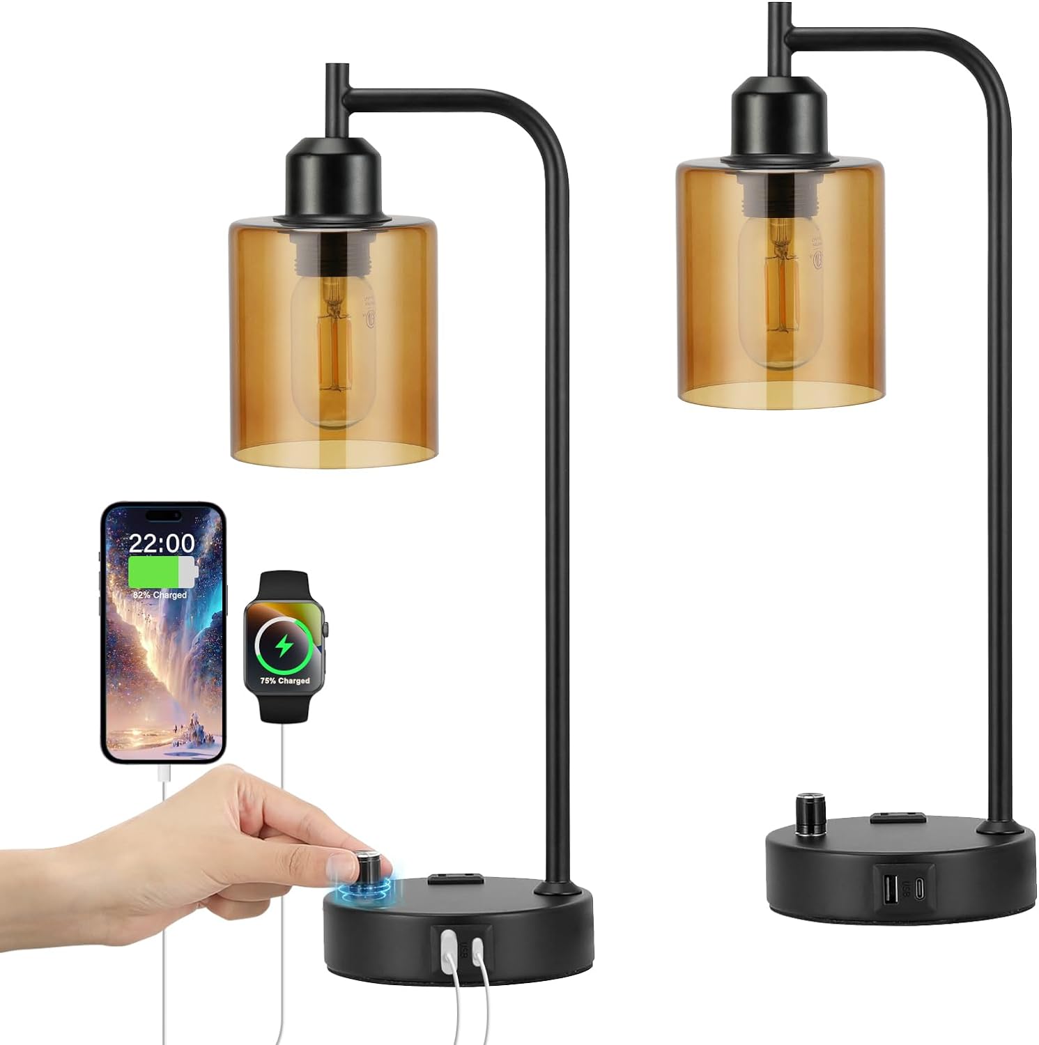 Set of 2 Industrial Table Lamps - Fully Dimmable with USB A & C Ports, AC Outlet, Glass Shade, LED Bulbs Included - Modern Nightstand Desk Lamps for Bedroom, Living Room & Office FJORD