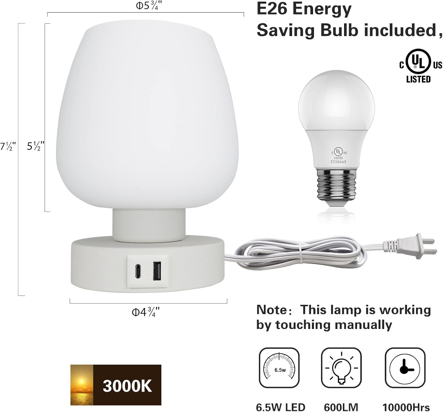 Touch Bedside Table Lamps Set of 2 - Modern Nightstand Lamps with USB C & A Ports, 3-Way Dimmable, White Opal Glass Shades, 3000K LED Bulbs - Elegant Bedroom Lighting FJORD