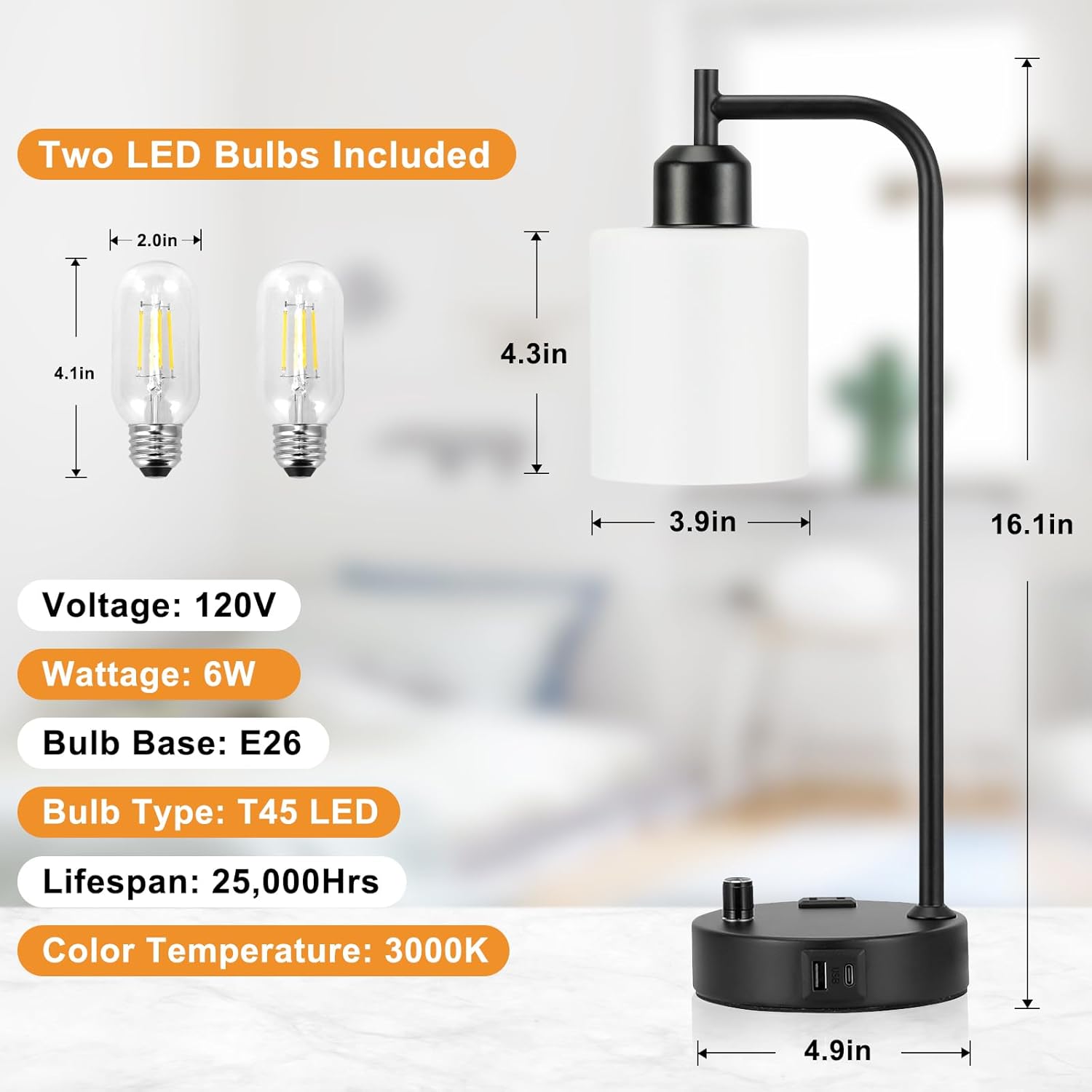 Set of 2 Industrial Table Lamps - Fully Dimmable with USB A & C Ports, AC Outlet, Glass Shade, LED Bulbs Included - Modern Nightstand Desk Lamps for Bedroom, Living Room & Office FJORD