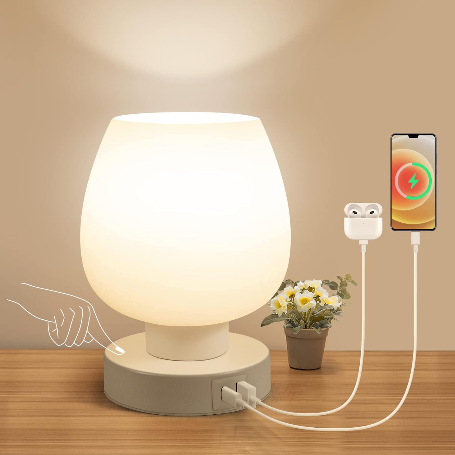 Touch Bedside Table Lamps Set of 2 - Modern Nightstand Lamps with USB C & A Ports, 3-Way Dimmable, White Opal Glass Shades, 3000K LED Bulbs - Elegant Bedroom Lighting FJORD
