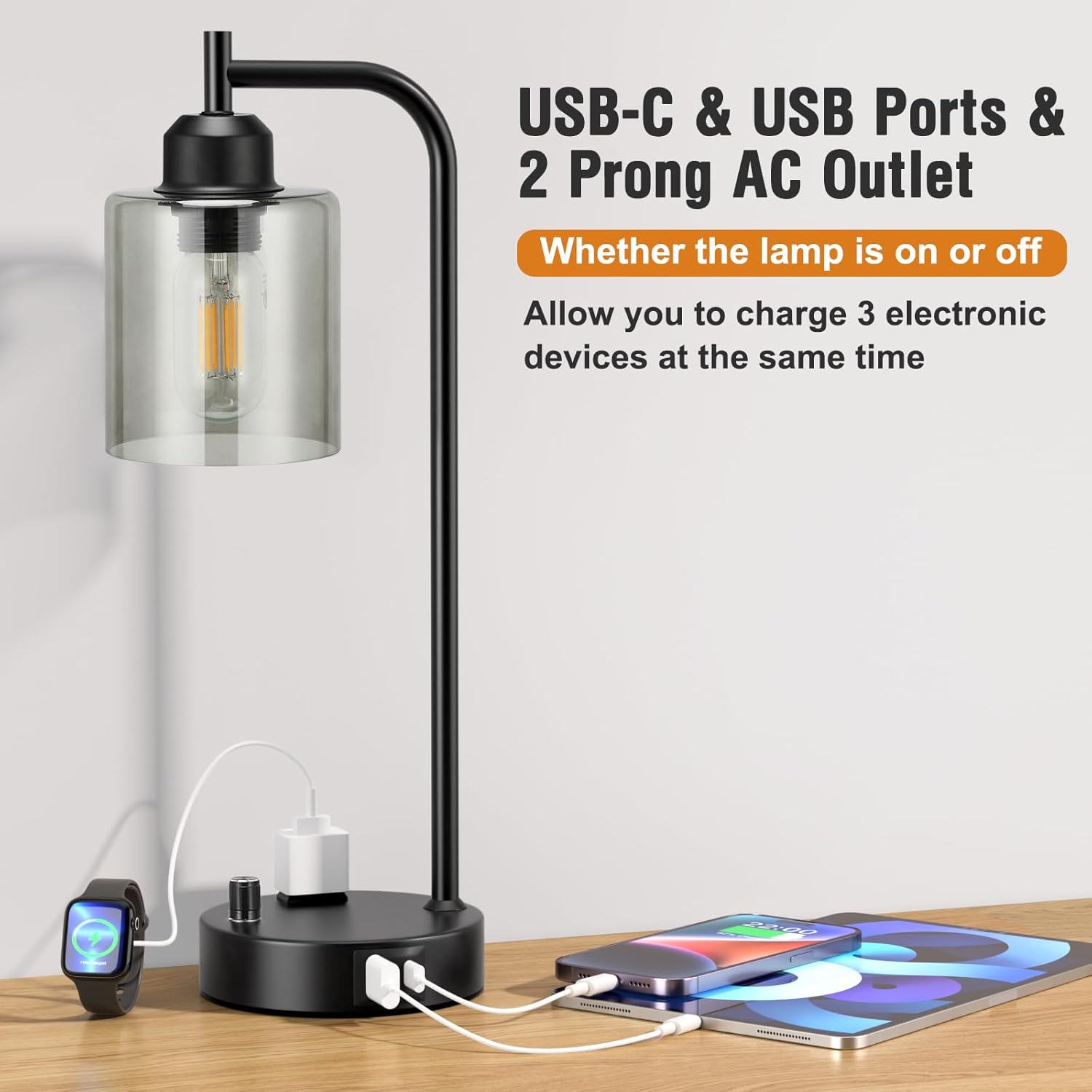 Set of 2 Industrial Table Lamps - Fully Dimmable with USB A & C Ports, AC Outlet, Glass Shade, LED Bulbs Included - Modern Nightstand Desk Lamps for Bedroom, Living Room & Office FJORD