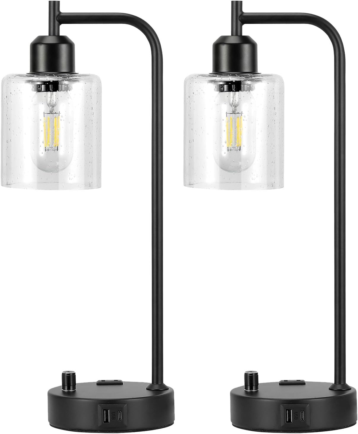 Set of 2 Industrial Table Lamps - Fully Dimmable with USB A & C Ports, AC Outlet, Glass Shade, LED Bulbs Included - Modern Nightstand Desk Lamps for Bedroom, Living Room & Office FJORD