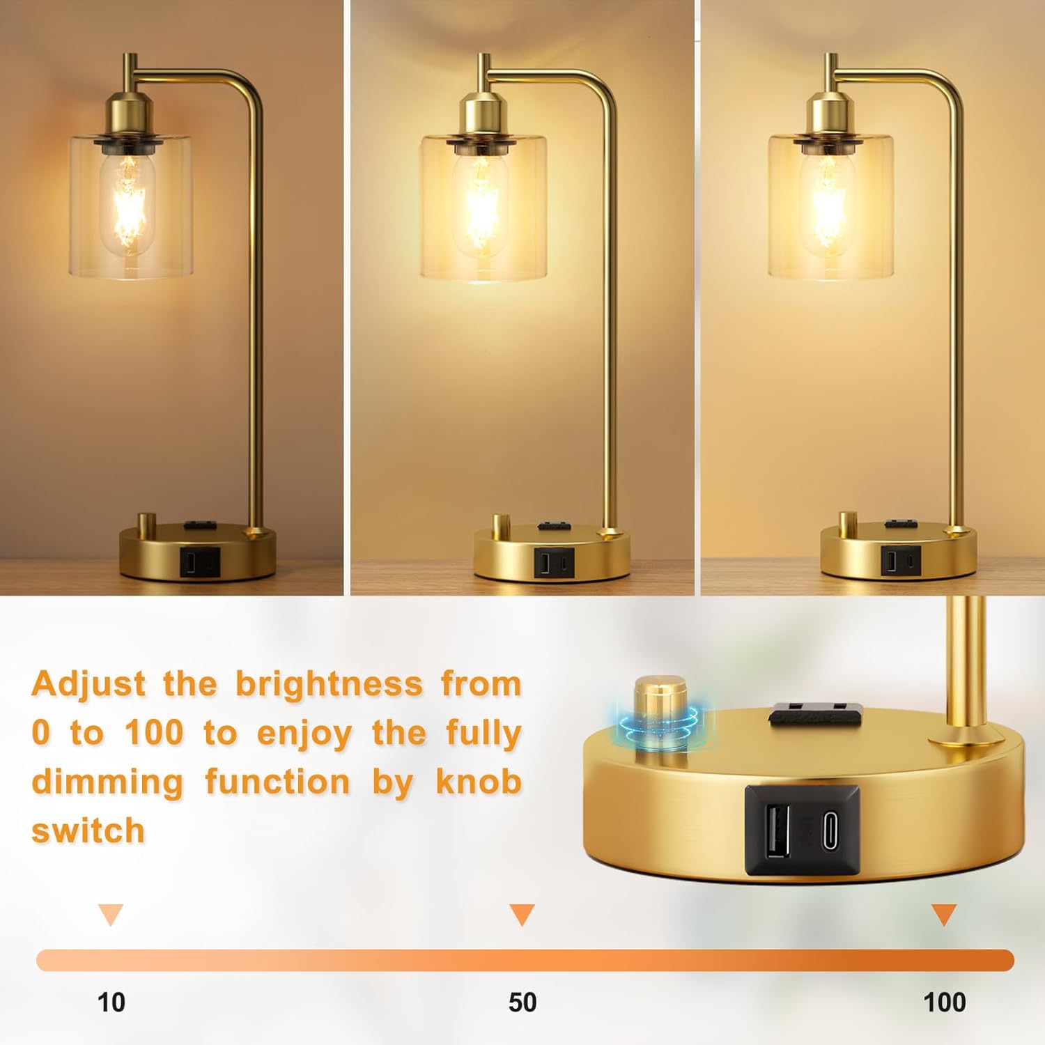 Set of 2 Industrial Table Lamps - Fully Dimmable with USB A & C Ports, AC Outlet, Glass Shade, LED Bulbs Included - Modern Nightstand Desk Lamps for Bedroom, Living Room & Office FJORD