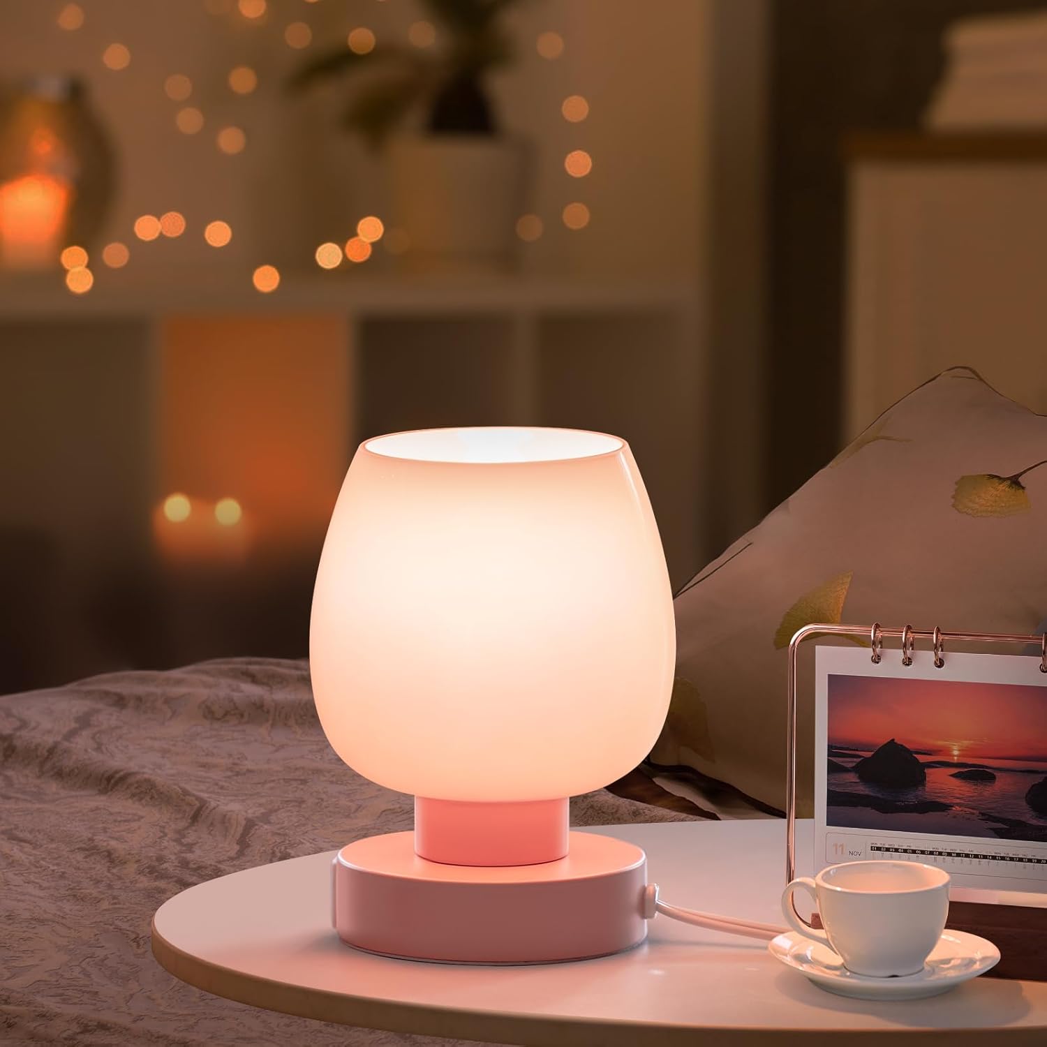 Touch Bedside Table Lamps Set of 2 - Modern Nightstand Lamps with USB C & A Ports, 3-Way Dimmable, White Opal Glass Shades, 3000K LED Bulbs - Elegant Bedroom Lighting FJORD
