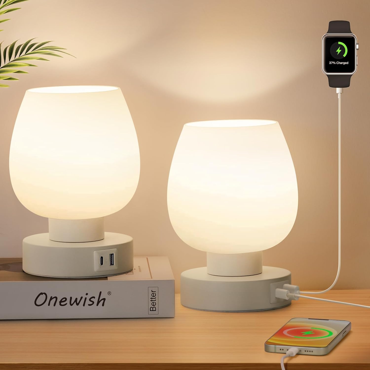 Touch Bedside Table Lamps Set of 2 - Modern Nightstand Lamps with USB C & A Ports, 3-Way Dimmable, White Opal Glass Shades, 3000K LED Bulbs - Elegant Bedroom Lighting FJORD