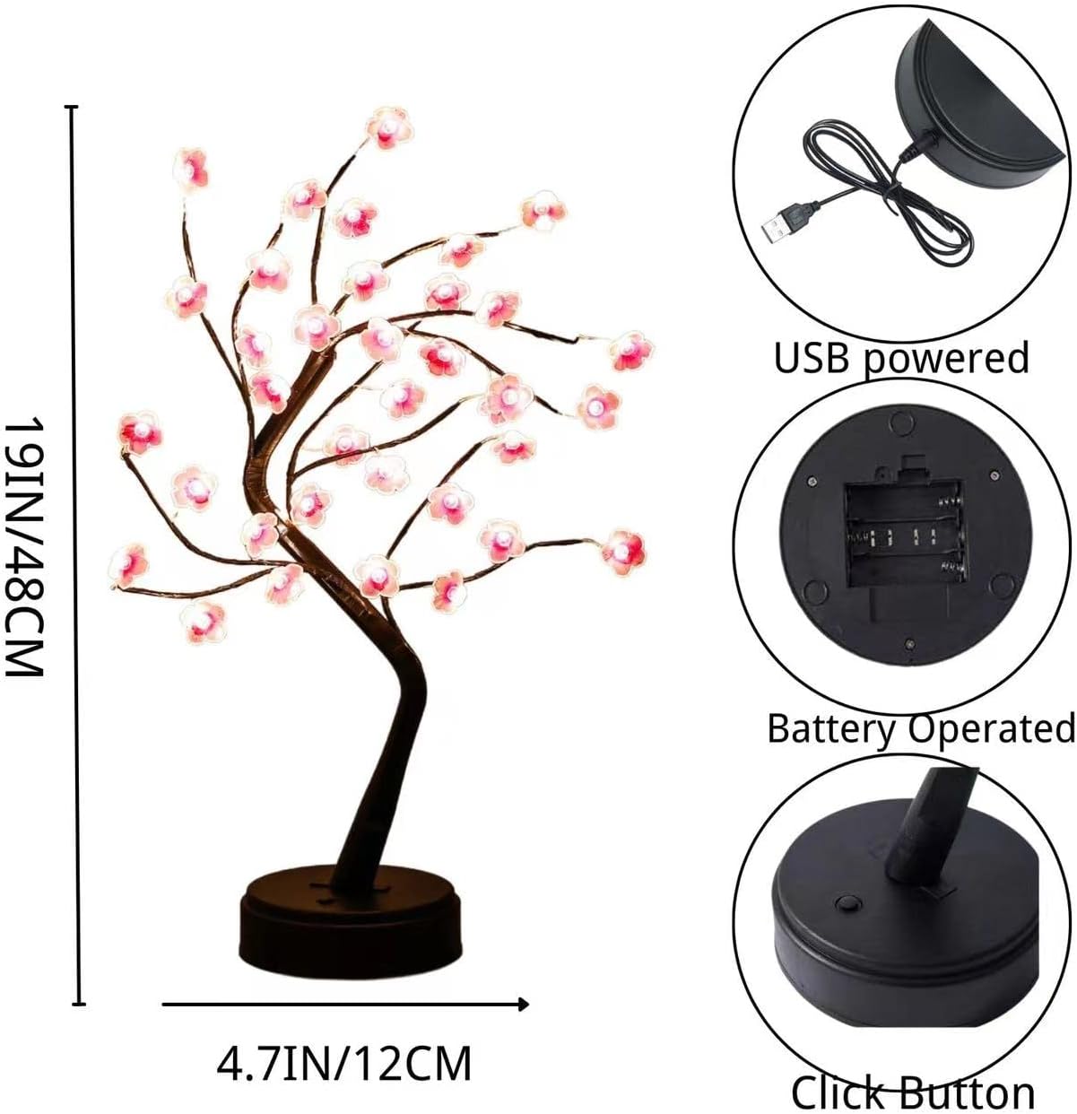 Cherry Blossom LED Bonsai Tree Lamp | 18" Adjustable Branches, USB/AA Powered | Perfect for Bedroom, Wedding, Home & Party Decor | Elegant Night Light with 36 LED Lights FJORD