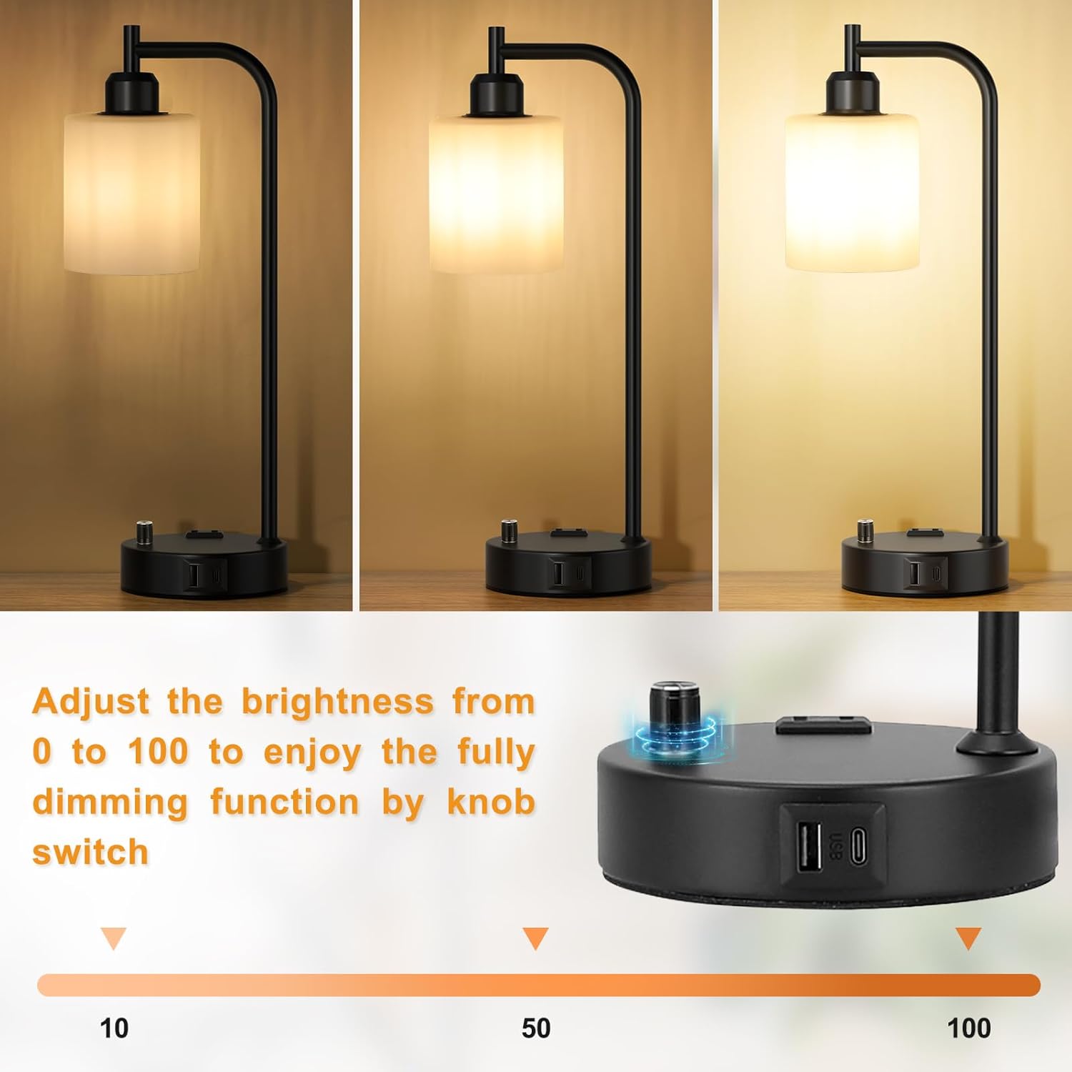 Set of 2 Industrial Table Lamps - Fully Dimmable with USB A & C Ports, AC Outlet, Glass Shade, LED Bulbs Included - Modern Nightstand Desk Lamps for Bedroom, Living Room & Office FJORD