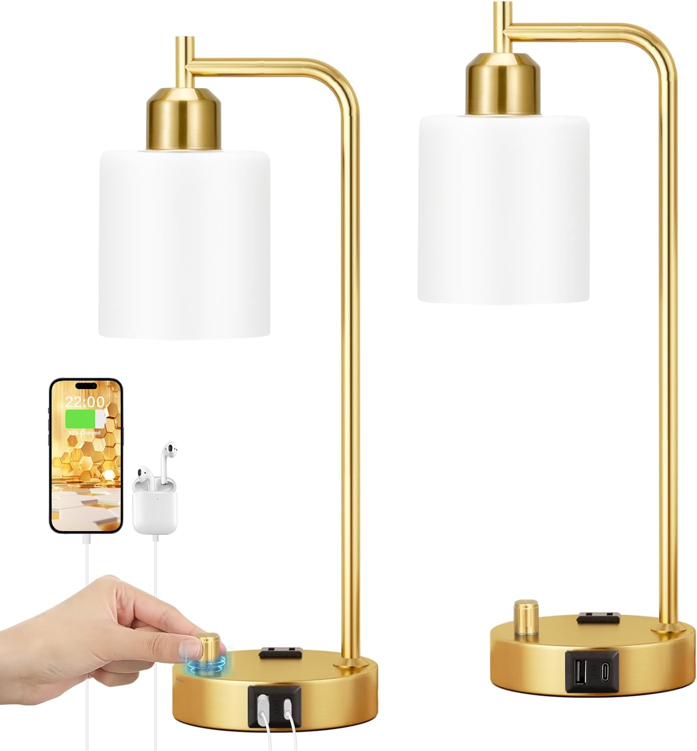 Set of 2 Industrial Table Lamps - Fully Dimmable with USB A & C Ports, AC Outlet, Glass Shade, LED Bulbs Included - Modern Nightstand Desk Lamps for Bedroom, Living Room & Office FJORD