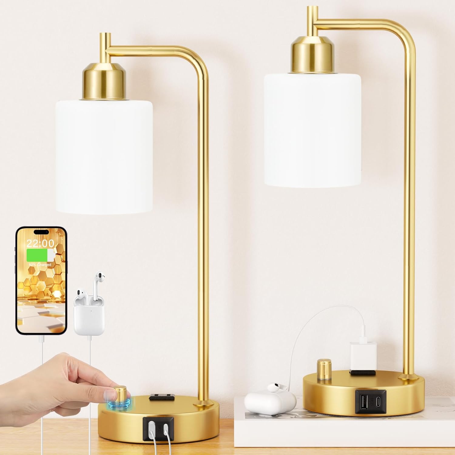 Set of 2 Industrial Table Lamps - Fully Dimmable with USB A & C Ports, AC Outlet, Glass Shade, LED Bulbs Included - Modern Nightstand Desk Lamps for Bedroom, Living Room & Office FJORD